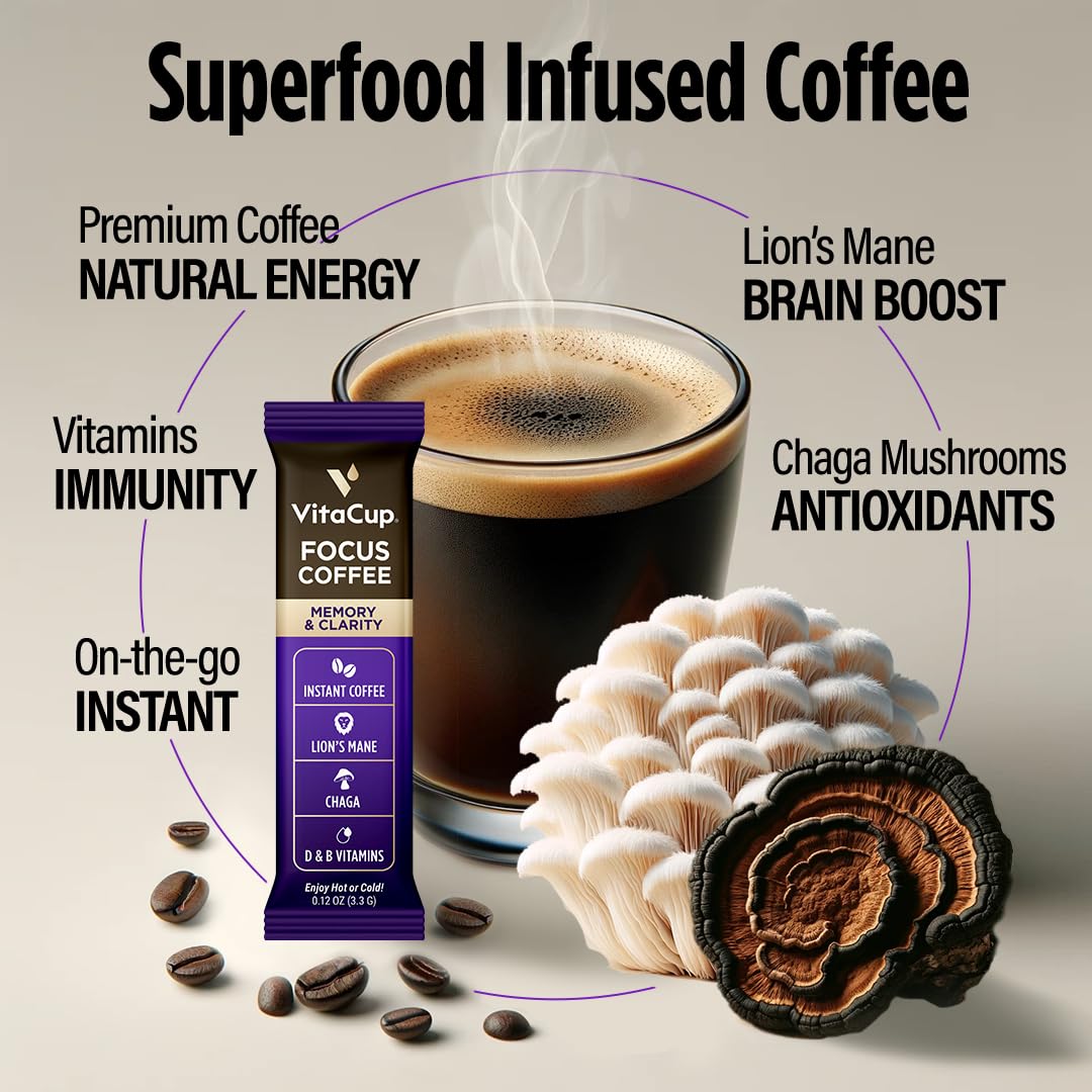 VitaCup Focus Mushroom Coffee Instant Packets, for Memory & Clarity Support, w/Fiber, Chaga, Lion’s Mane, D3, B Vitamins, Medium Roast, 100% Arabica & Robusta Coffee in Single Serve Sticks, 72 Ct