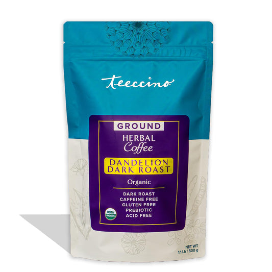 Teeccino Dandelion Dark Roast Herbal Coffee, 1.1 Pound - Caffeine-Free Coffee Alternative with Prebiotics, Gluten Free, Acid Free, Organic