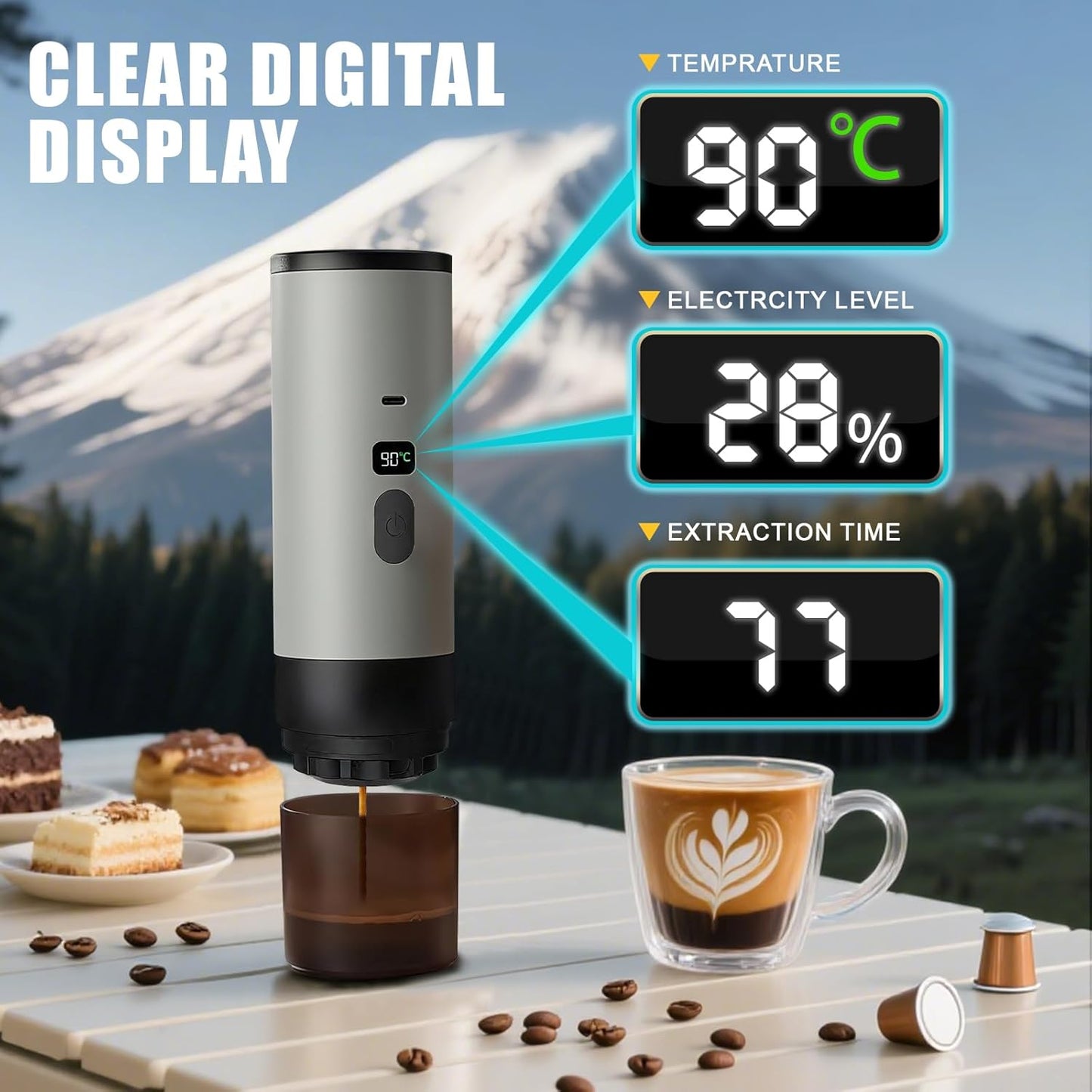 Portable Coffee Maker Espresso Machine with 7800mAh Battery & Digital Display, Self-Heating Travel Coffee Maker for Camping, Car, USB-C Compatible with Ground Coffee & NS Capsules RV Hiking Office