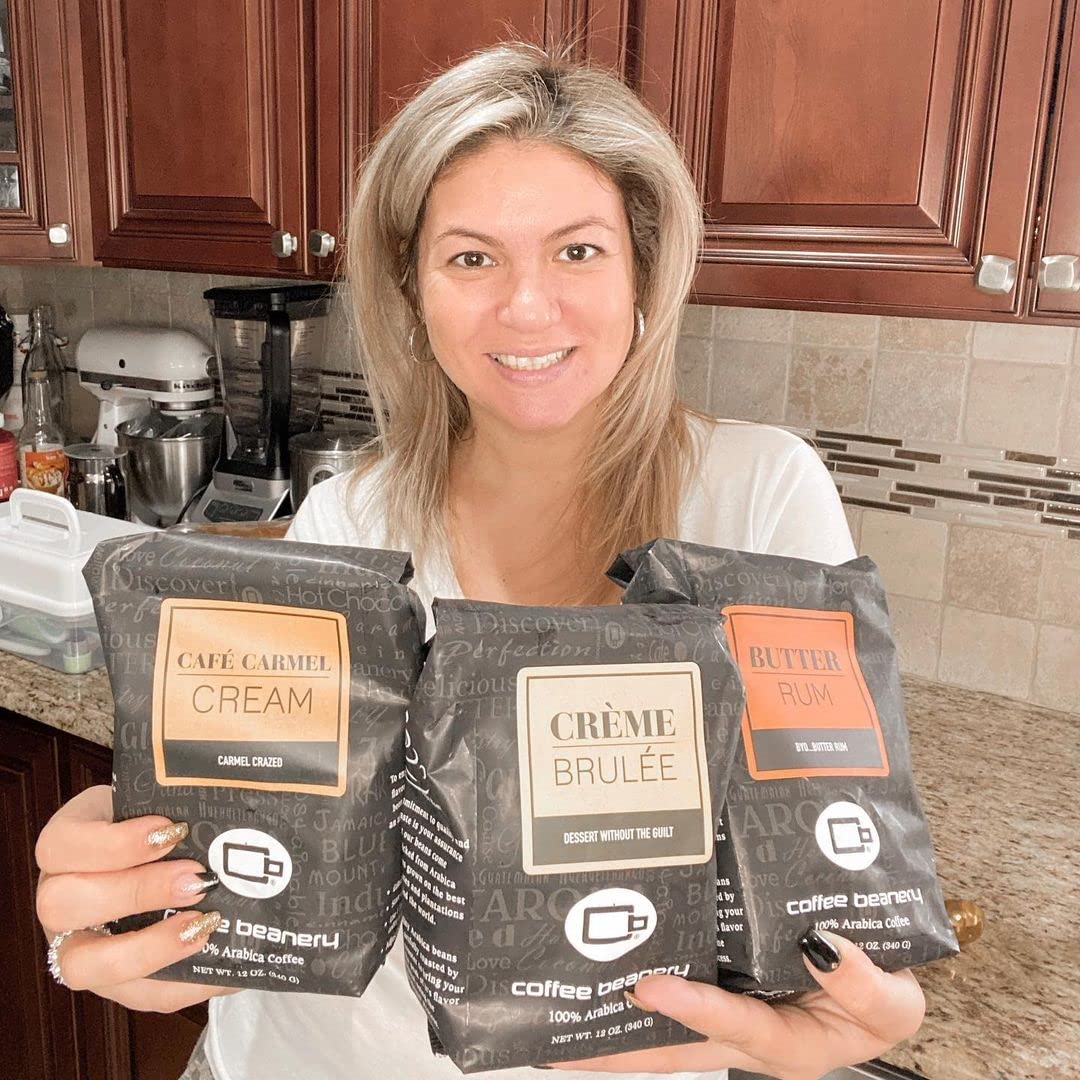 Coffee Beanery Caramel Vanilla Latte Flavored Coffee SWP Decaf, 1-1.75oz Try Me Size Coffee Sampler, Light-Medium Roast