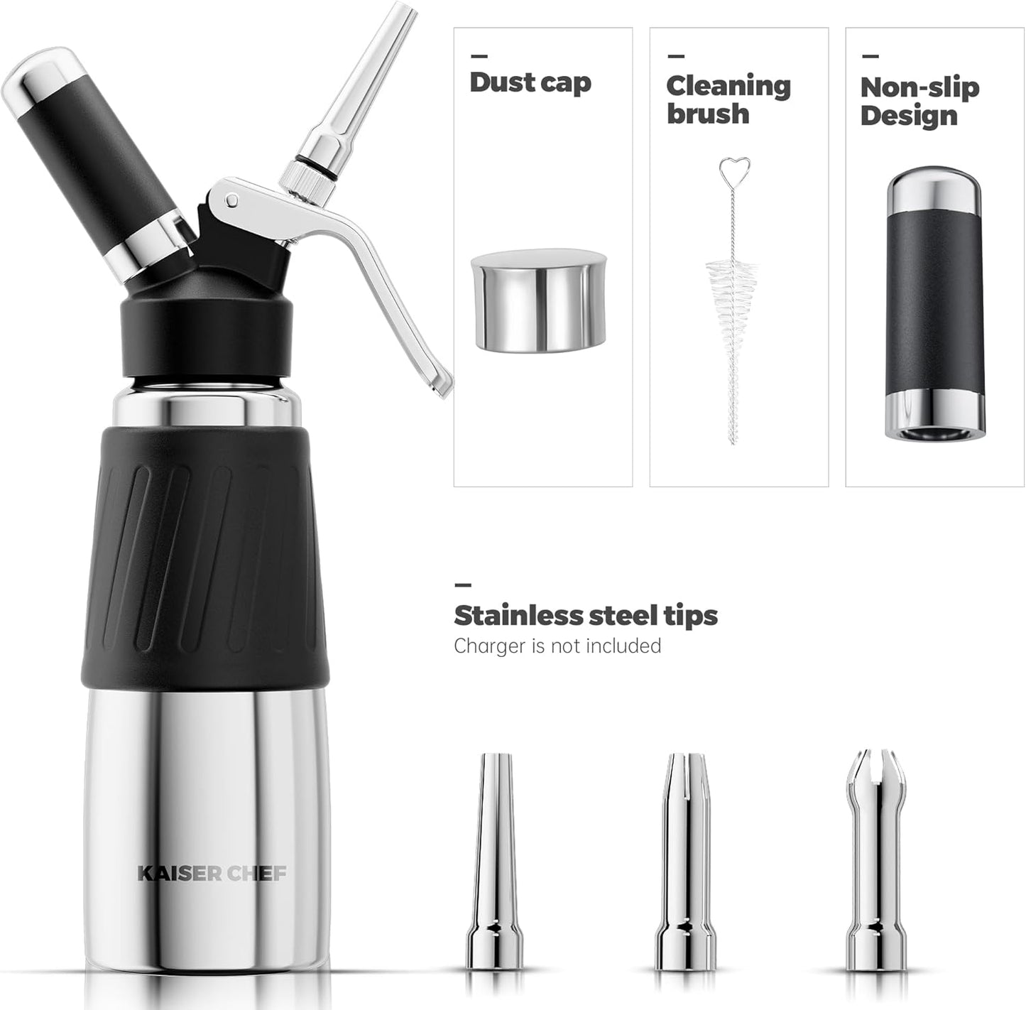Whipped Cream Dispenser,Stainless Steel Bottle With Aluminum Head,1-Pint/500mL,Whip Cream Maker Canister with 3 Decorating Nozzles & Cleaning Brush - Need To Use N2O Chargers (Not Included) (500ml)