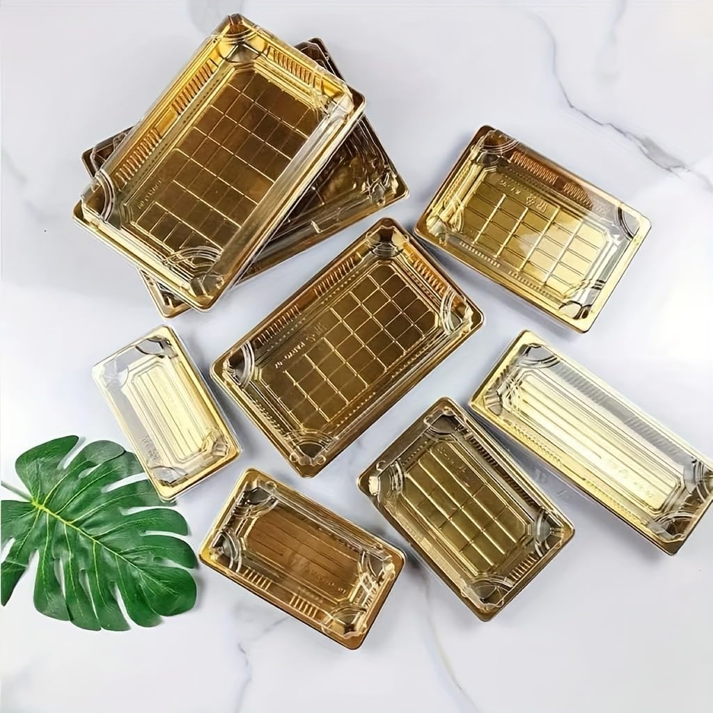 10 Pack Gold Rectangular Sushi Containers with Clear Lids – Disposable Plastic Food Boxes for Party, Takeout & Catering – Elegant, Stackable Trays for Sushi, Snacks & Desserts(Model No.1109)