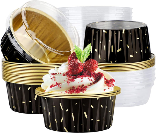 EUSOAR Foil Ramekins with Lids, Black 25Packs 5oz Disposable Baking Cups Foil Liner Cupcake Container, Dessert Cheesecake Pan Creme Brulee Cupcake Containers for Catering Gathering Club Wedding Party