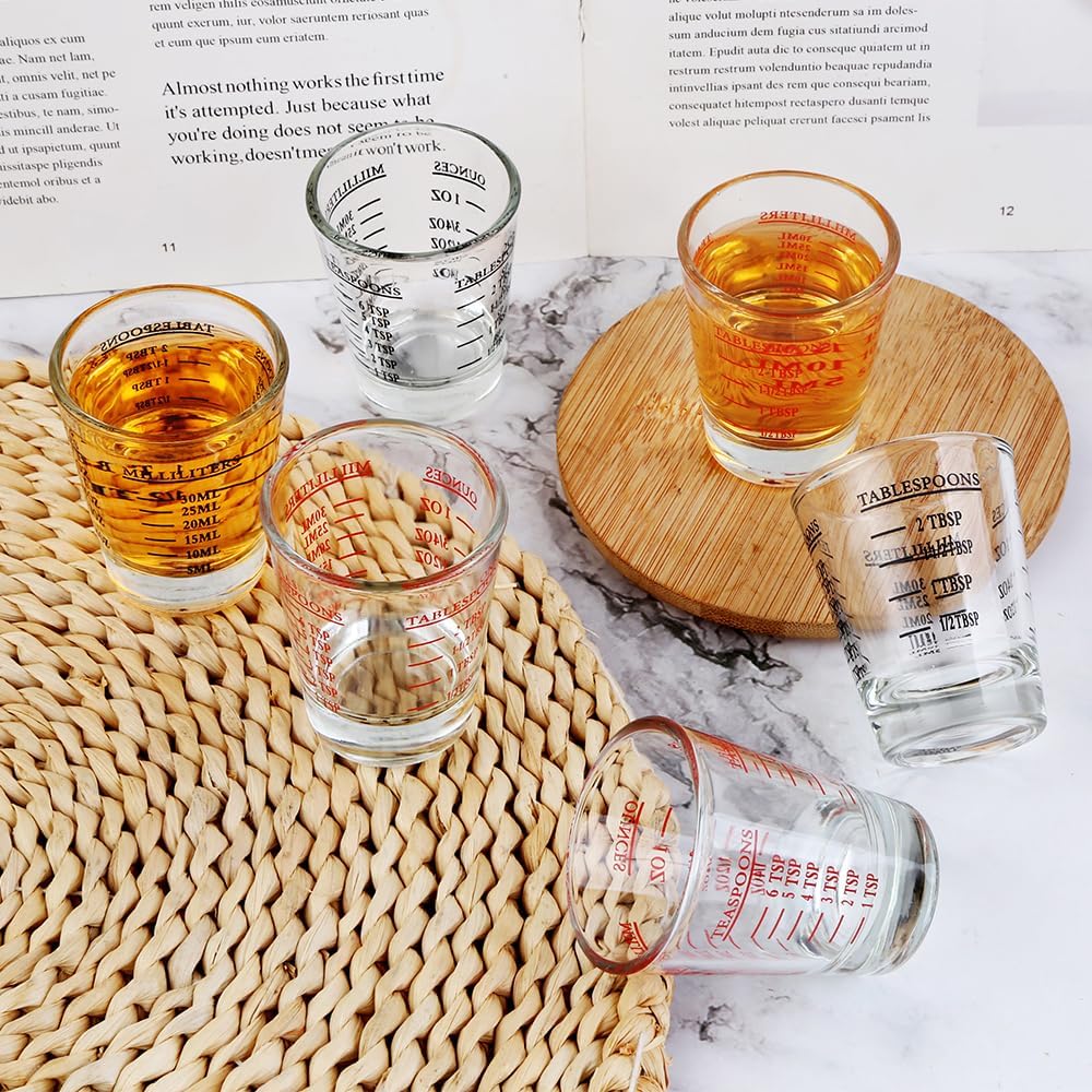 Set of 4 Shot Glasses - Heavy Glass, Perfect for Measuring Espresso, Wine, and More 26-Incremental Measurement 1oz, 6 Tsp, 2 Tbs, 30ml (4, Red+Black)