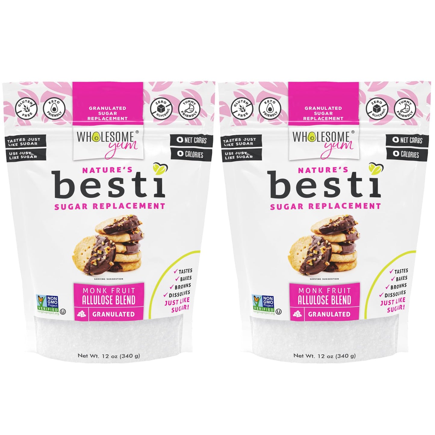 Wholesome Yum Besti Natural Sugar Substitute - Keto Granulated Monk Fruit Sweetener Blend With Allulose (No Erythritol) - Non GMO, Zero Calorie, Zero Carb, Sugar Free, No Aftertaste (12 oz, 2 Pack)