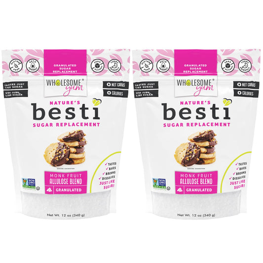 Wholesome Yum Besti Natural Sugar Substitute - Keto Granulated Monk Fruit Sweetener Blend With Allulose (No Erythritol) - Non GMO, Zero Calorie, Zero Carb, Sugar Free, No Aftertaste (12 oz, 2 Pack)