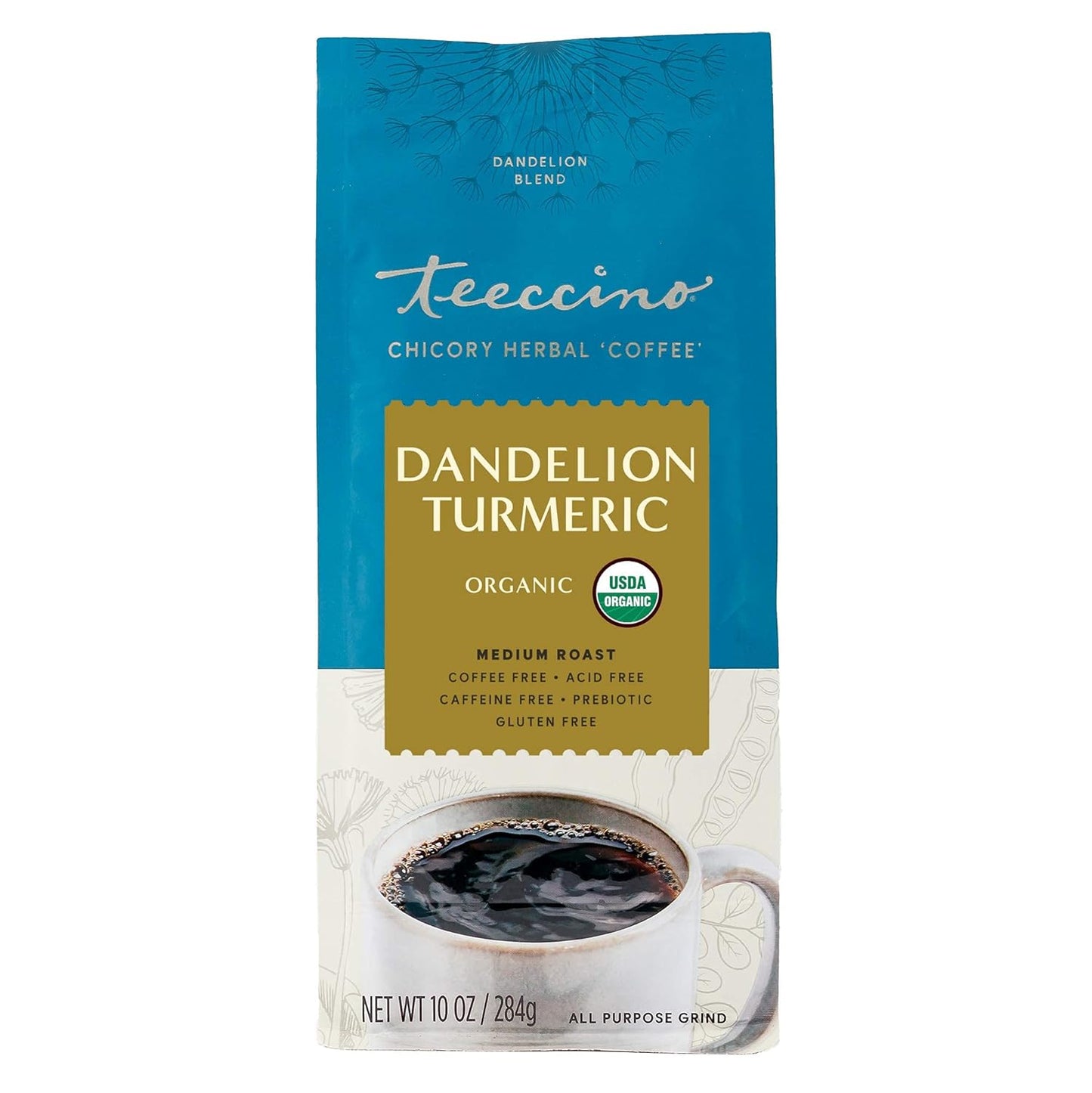 Teeccino Dandelion Turmeric Herbal Coffee - Caffeine-Free Coffee Alternative with Prebiotics, Gluten Free, Acid Free, Organic - Medium Roast, 10 oz