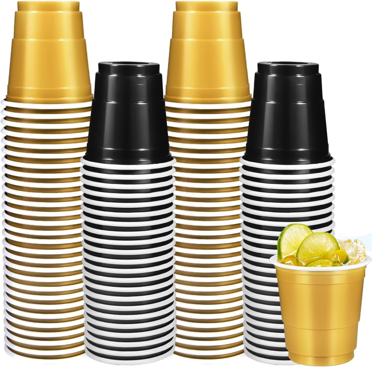 100 Pack 2 oz Plastic Shot Glasses Disposable Shot Cups, Mini 2oz Party Cups for Graduation, Christmas, Birthday, Wedding, Bachelorette Party (Gold, Black)