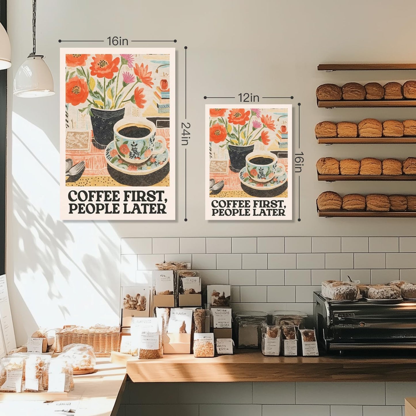 GELDSTEI Framed Retro Coffee Wall Art, Vintage Cafe Wall Decor, Coffee First People Later Canvas Painting, Classical Cafe Bar Poster Print for Kitchen Dining Room Home Office Ready to Hang 12"x16"