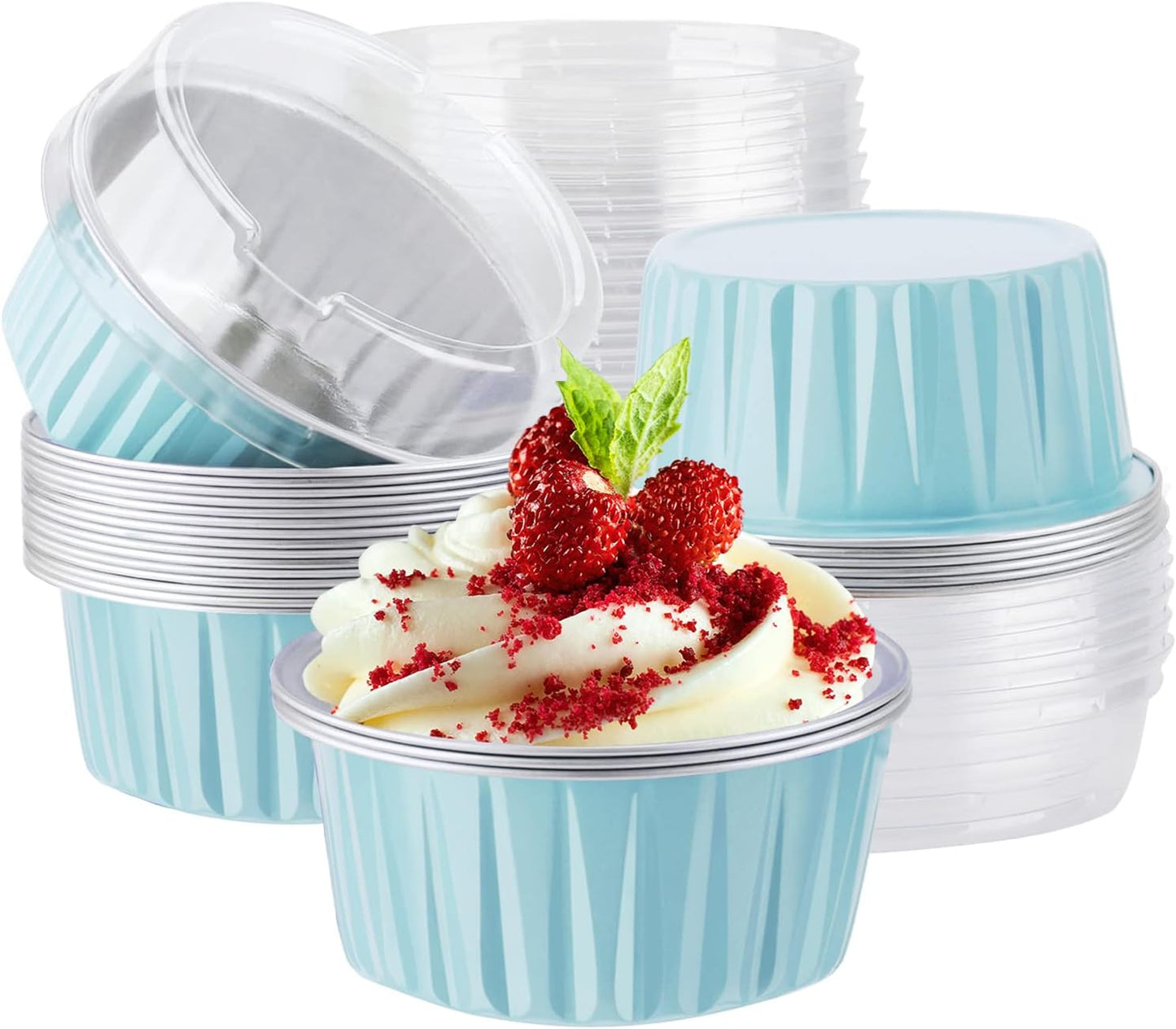 EUSOAR Disposable Ramekins with Lids, Lake Blue 25Packs 5oz Aluminum Foil Mini Muffin Liners, Dessert Cheesecake Pan Creme Brulee Cupcake Ramekins Containers for Catering Gathering Club Wedding Party