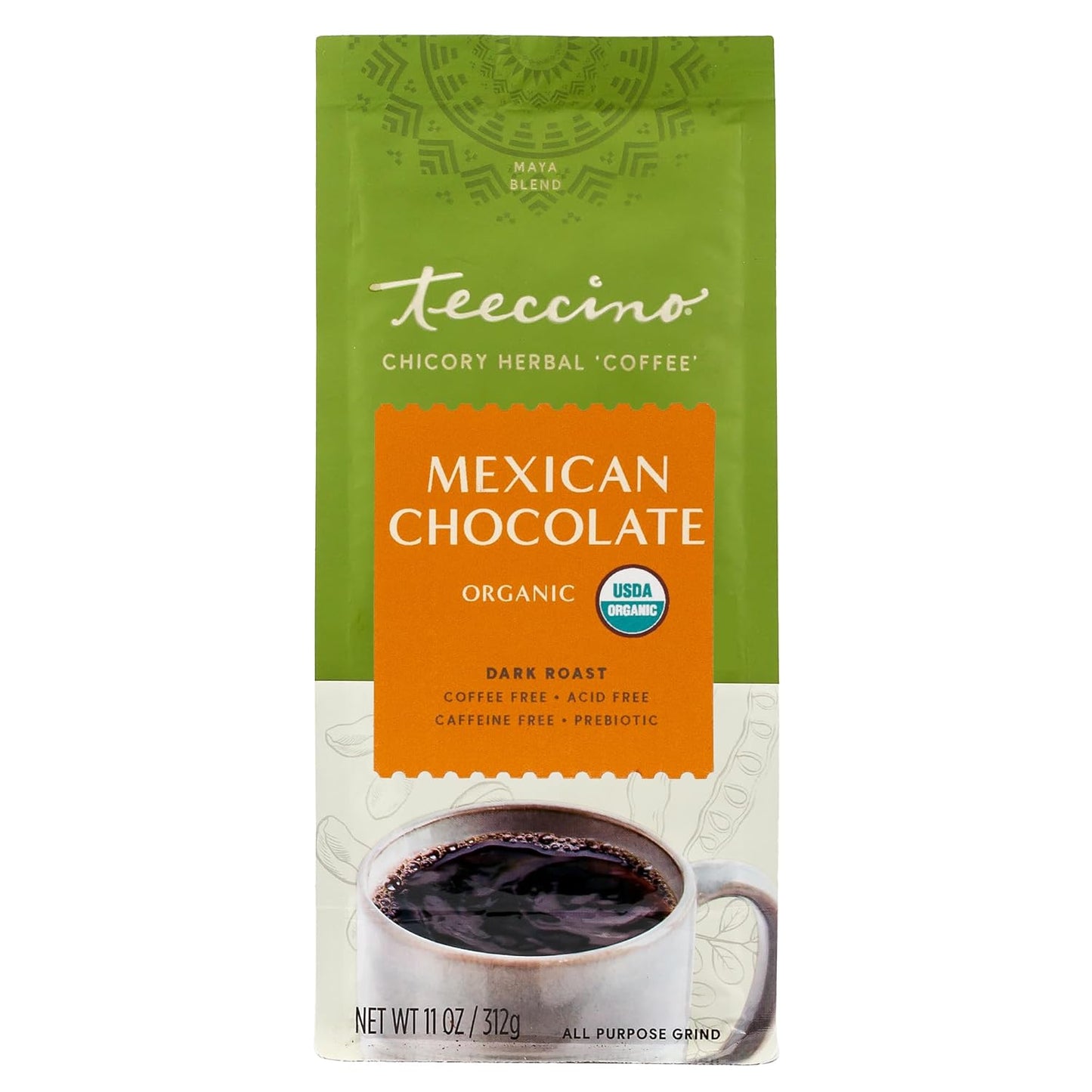 Teeccino Mexican Chocolate Chicory Coffee Alternative - Ground Herbal Coffee That’s Prebiotic, Caffeine-Free & Acid Free with a Hint of Spice, Dark Roast, 11 Ounce
