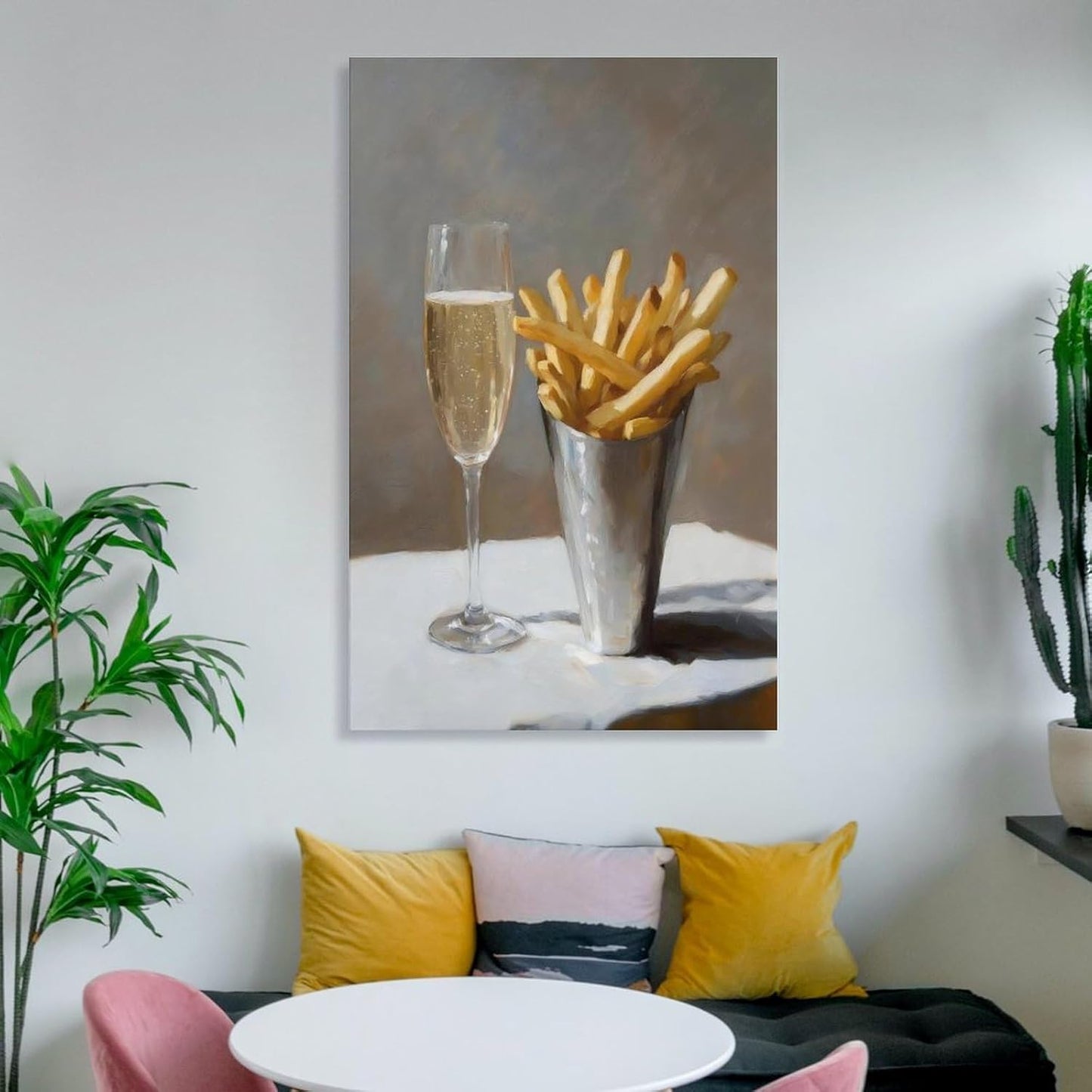 Pomme Frites And Champagne Bar Cart Canvas Printing Painting Poster Cute Quirky Whimsical Cocktail Art Bar Cart Decor French Fries Trendy Home Wall Art Decoration 08x12inch(20x30cm)