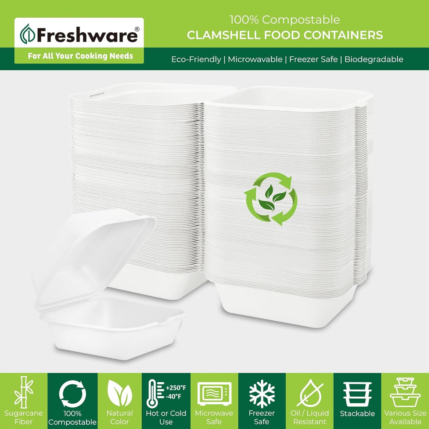 Freshware Clamshell Food Containers with Lids [6x6 100-Pack] Disposable To Go Containers, Biodegradable Sugarcane To Go Boxes - Paper Container - Microwave & Freezer Safe, Stackable