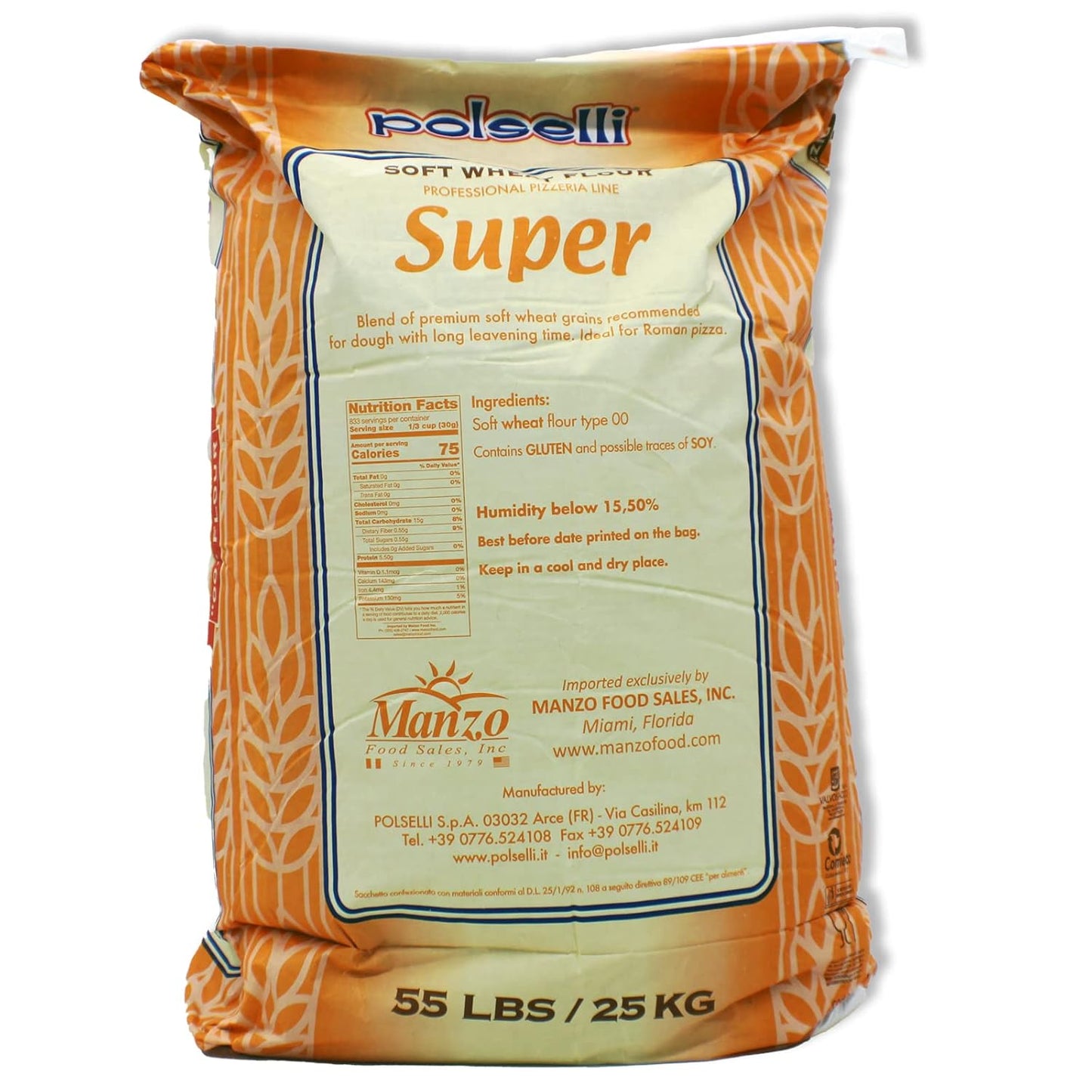 SUPER, Tipo 00 double Zero Flour, for Pizza, Bread, Pastas, and more, Specifically formulated for Roman Pizza, All Natural, Unbleached, Unbromated, No Additives, Formulated for a 72+ hour rise, (25 kg) 55 lbs by Polselli