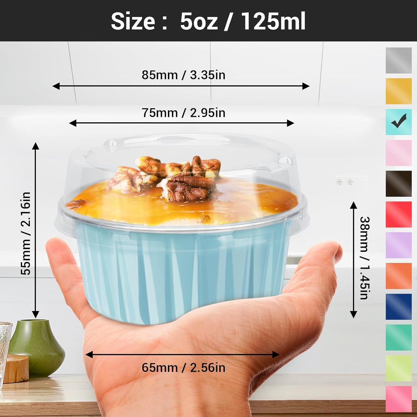 EUSOAR Cake Baking Cups, 100pcs 5oz 125ml Muffin Liners With Lids, Disposable Aluminum Ramekins, Cupcake Liners, Foil Pudding Cups Holders Pans