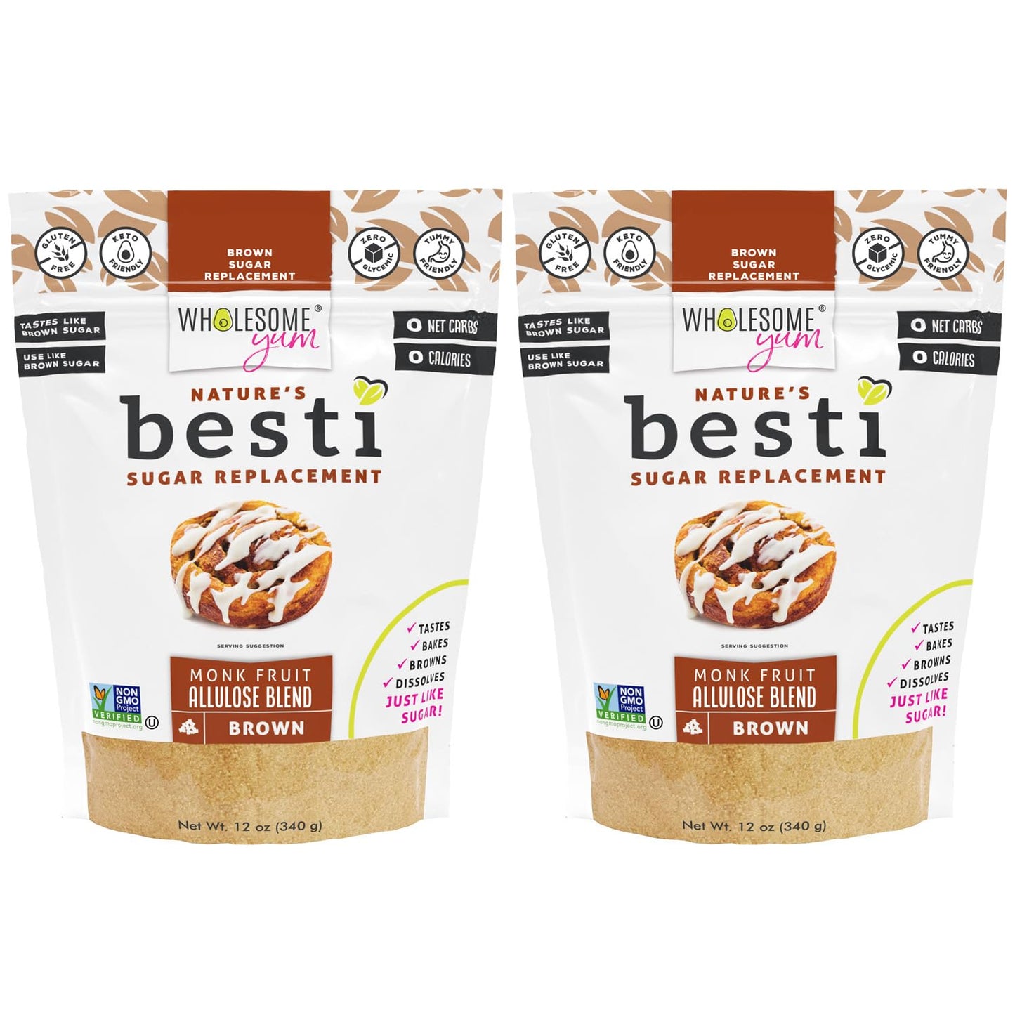 Wholesome Yum Besti Natural Brown Sugar Substitute - Keto Brown Monk Fruit Sweetener Blend With Allulose (No Erythritol) - Non GMO, Zero Carb, Zero Calorie, Sugar Free, No Aftertaste (12 oz, 2 Pack)