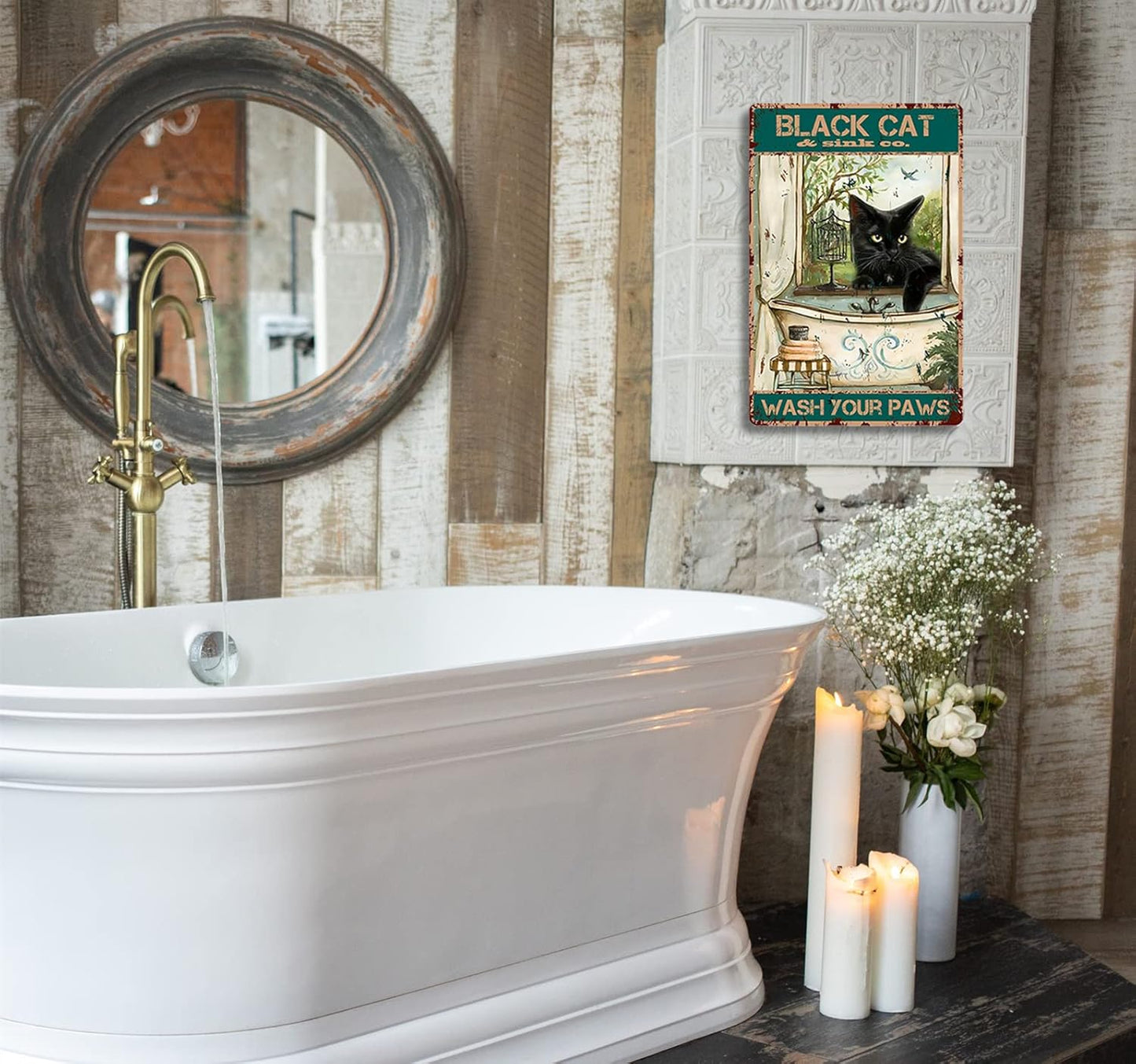 Funny Bathroom Wall Decor Vintage Black Cat Wash Your Paws Tin Sign Office Home Bar Farmhouse Hotel Dining Room Coffee Metal Poster 8x12 Inch
