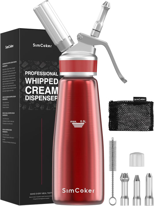 Whipped Cream Dispenser,Aluminum Cream Whipper 500mL/1 Pint,3 Decorating Nozzles,1 Brush, 1 Storage Bag,Homemade Whipped Cream Maker,Red