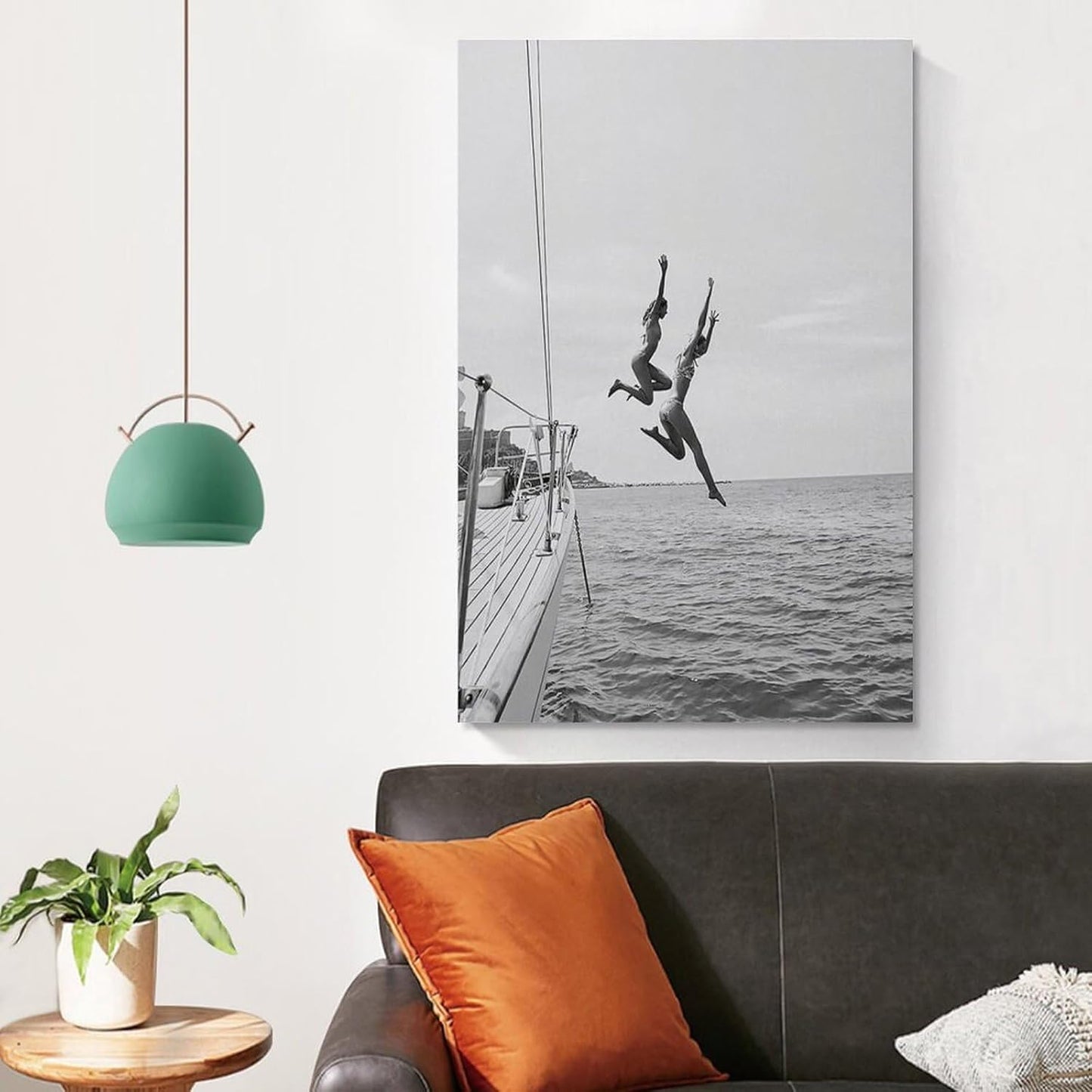 Trendy Wall Art Black And White Beach Poster Summer Ocean Jump Sail Boat Yacht Canvas Printing Art Poster, Diving Lovers Gifts, Home Wall Decoration 16x24inch(40x60cm)