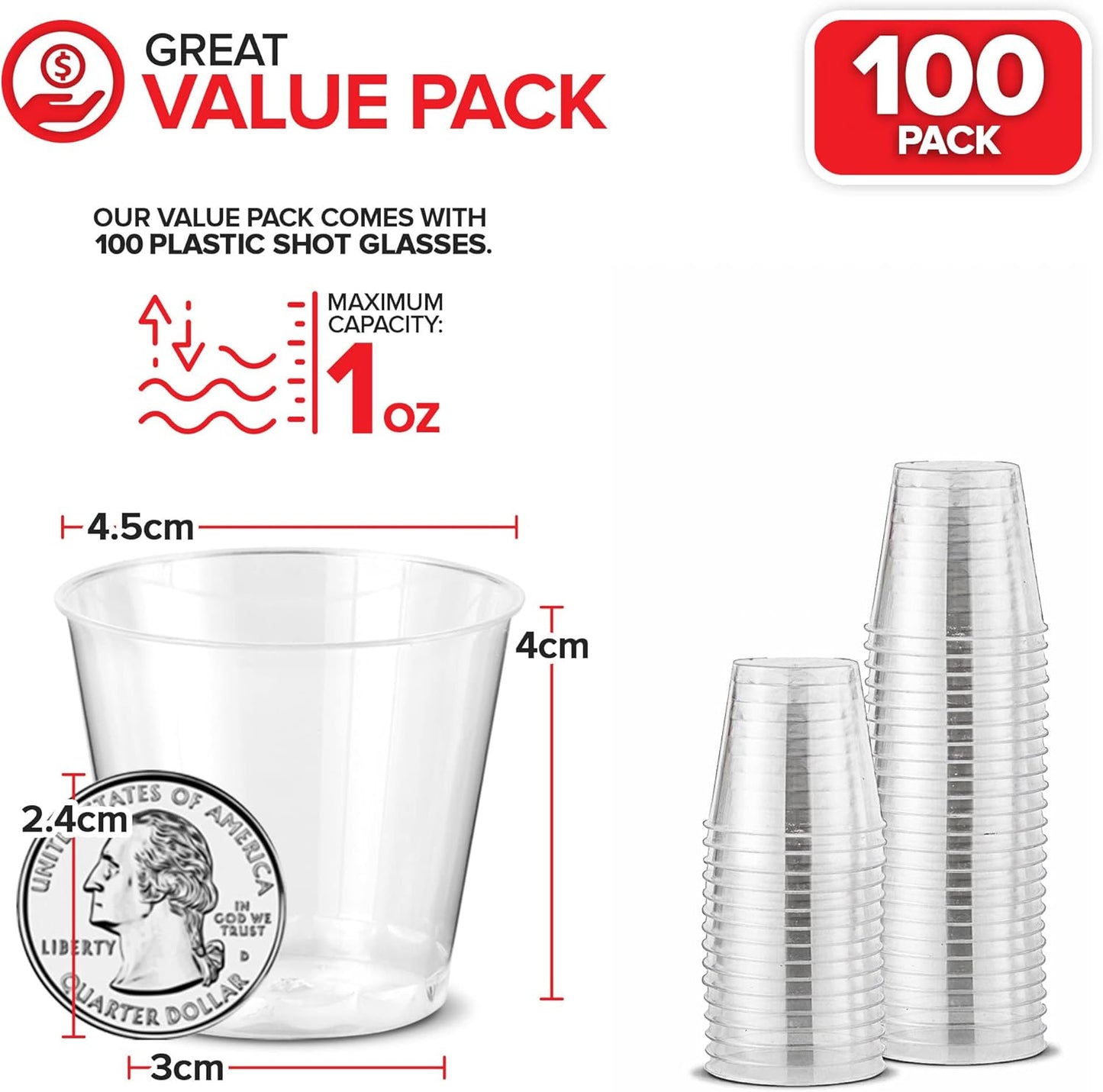 Stock Your Home 100 Pack - Mini Plastic Shot Glasses (1oz) Clear Disposable Cups for Jello Shots, Wine Tasting, Liquor, Whiskey, Pudding, Sample Cup for Halloween and Elegant Parties