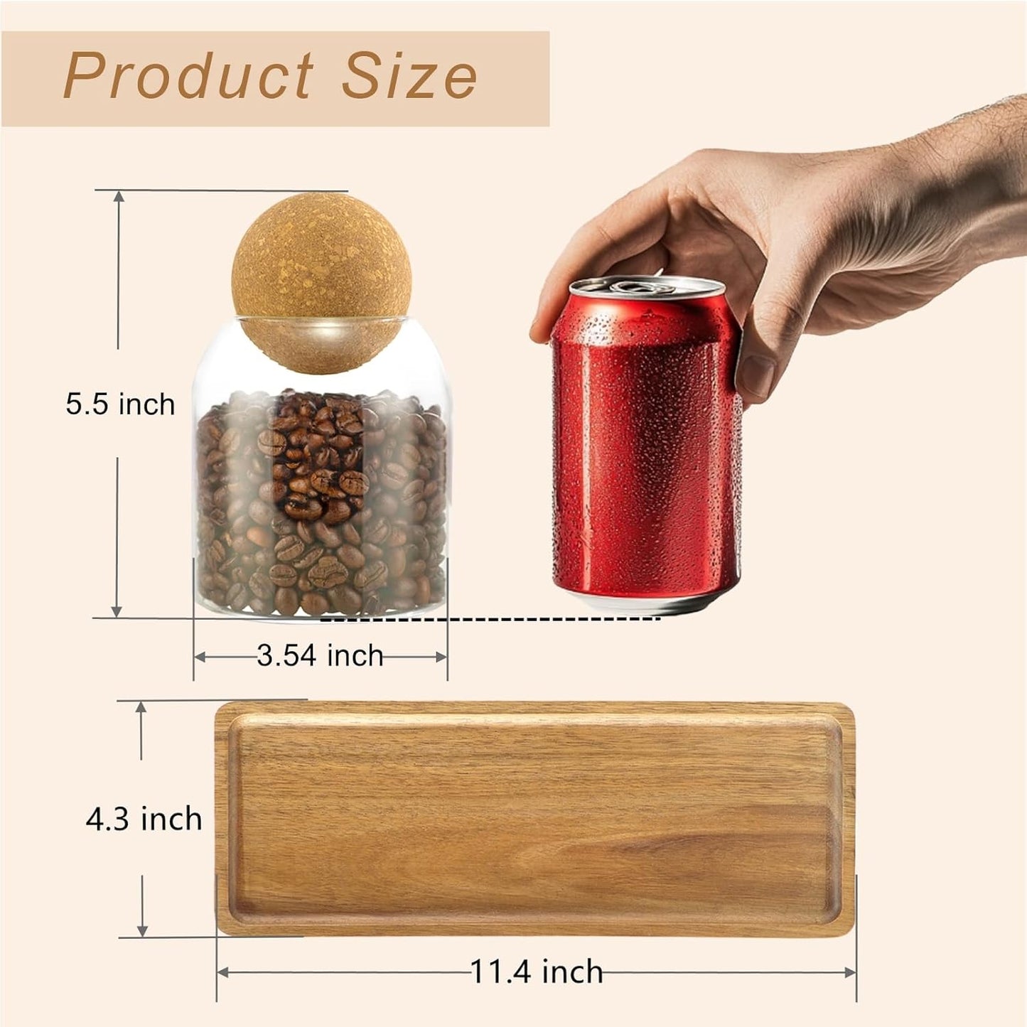 Glass Jars with Cork Lids, 3 Pack Small Decorative Jars with Acacia Tray, Bathroom Qtip and Cotton Ball Holder Set, Cute Coffee Bar Containers for Sugar Candy Tea, Apothecary Jars (17oz)