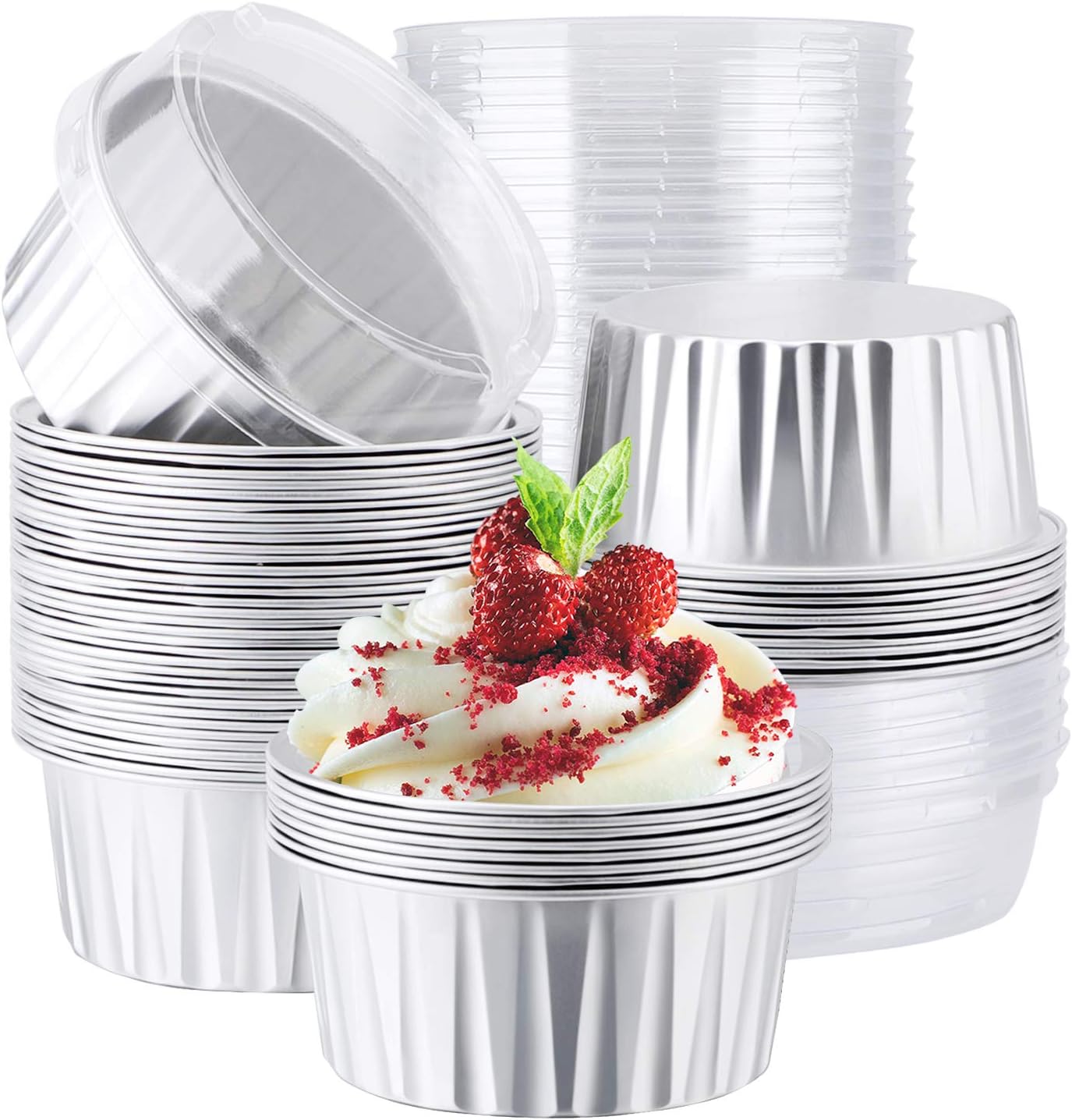 EUSOAR Muffin Cupcake Liners for Baking, 50pcs 5oz 125ml Disposable Ramekins, Aluminum Foil Muffin Liners Cups with Lids, Disposable Aluminum Foil Cupcake Baking Cups Holders Cases Boxes Pans with Lid