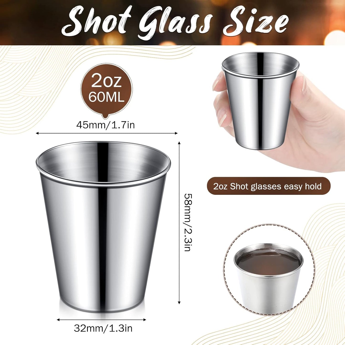 2 oz Stainless Steel Shot Glasses Metal Cups Small Unbreakable Shot Glass for Espresso Whiskey Bar Home Restaurant Camping Barware Gift (Silver,100 Pcs)