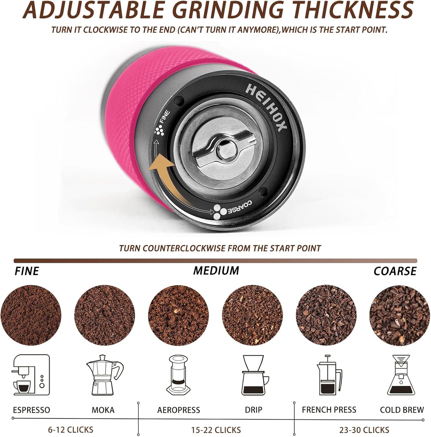 Manual Coffee Grinder - HEIHOX Hand with Adjustable Conical Stainless Steel Burr Mill, Capacity 30g Portable Mill Faster Grinding Efficiency Espresso to Coarse for Office, Home, Camping