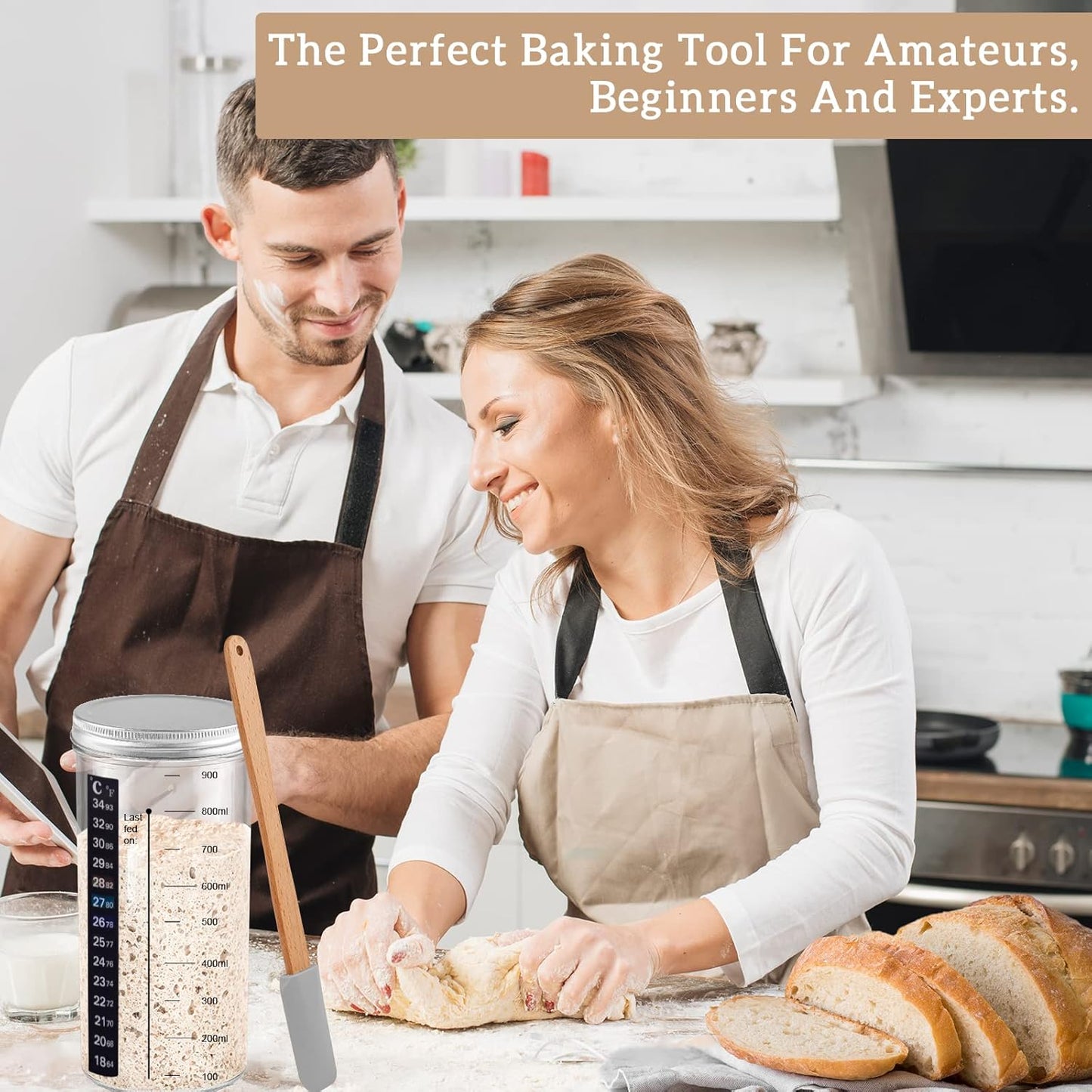 2pcs 1000ML FSourdough Starter Kit with Date Marked Feeding Band, Thermometer, Cloth Cover & Metal Lid, Reusable Sourdough Bread Baking Supplies, Canisters for household or kitchen use