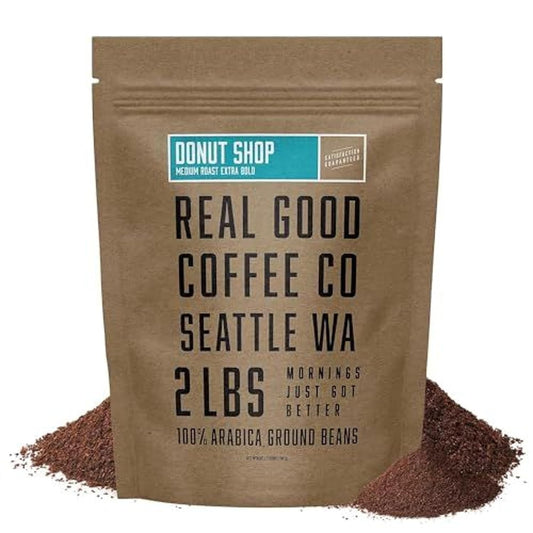 Real Good Coffee Company Medium Roast Ground Coffee - Ground Donut Coffee Flavor - Espresso & French Press Friendly - Crafted from 100% Arabica Beans - 32 Oz - Pack of 1