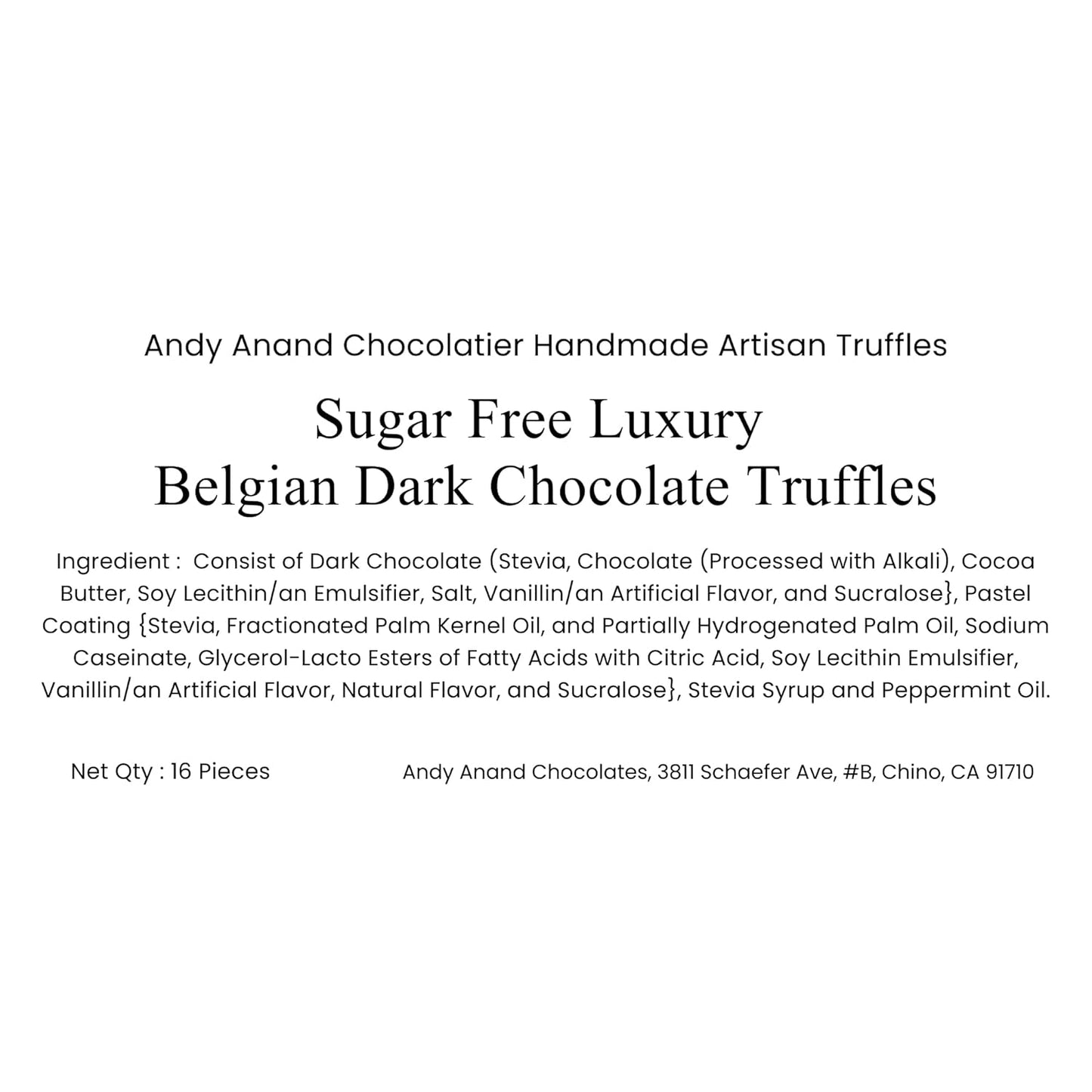 Andy Anand Chocolatier Sugar Free Belgian Dark Chocolate Truffles - Gluten Free & Diabetic-Friendly Chocolate Truffles Gift Box, Assorted Flavors Belgian Truffles With Guilt-Free Indulgence (16 Pcs)