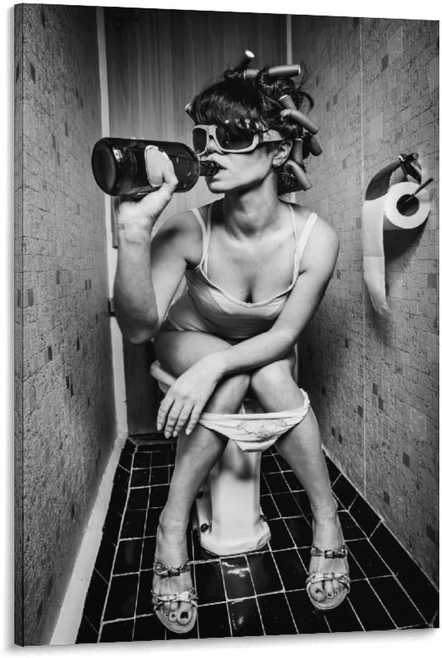 Woman Drinking on The Toilet Lnteresting Vintage Canvas Painting Wall Art Poster Room Decor Aesthetics 08x12inch(20x30cm)