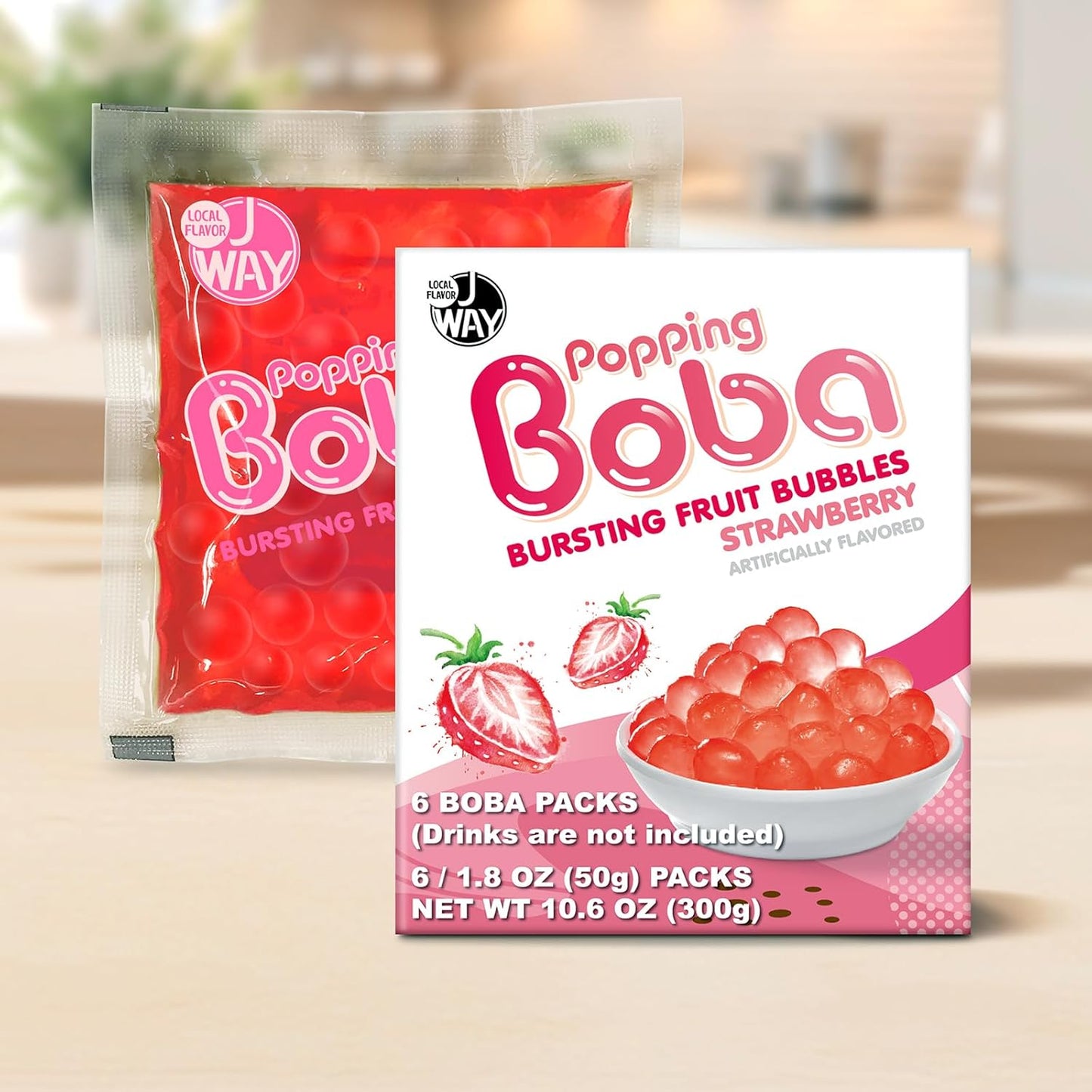 J WAY Bursting Popping Strawberry Boba Pearls, Strawberry Syrup, Non-Dairy, Fat-Free Popping Tapioca Boba for Beverages, Sweets, Ice Cream, 1.8oz (Pack of 6)