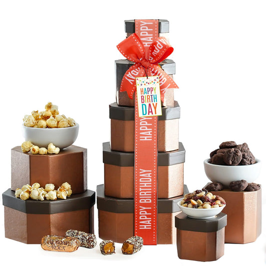 Birthday Gift Basket Tower for Women, Him, Gourmet Snacks & Sweets Food Gifts, Treat Box with Cookies, Delicious Treats, Candy Surprise by Broadway Basketeers