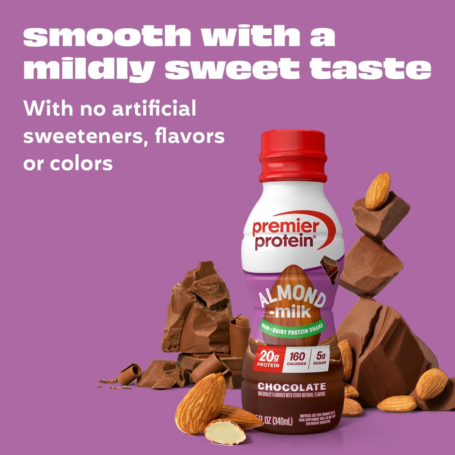 Premier Protein Almondmilk Plant Based Protein Shake, 20g Protein, 5g Sugar, 11.5 Fl oz, Chocolate, 12 Count