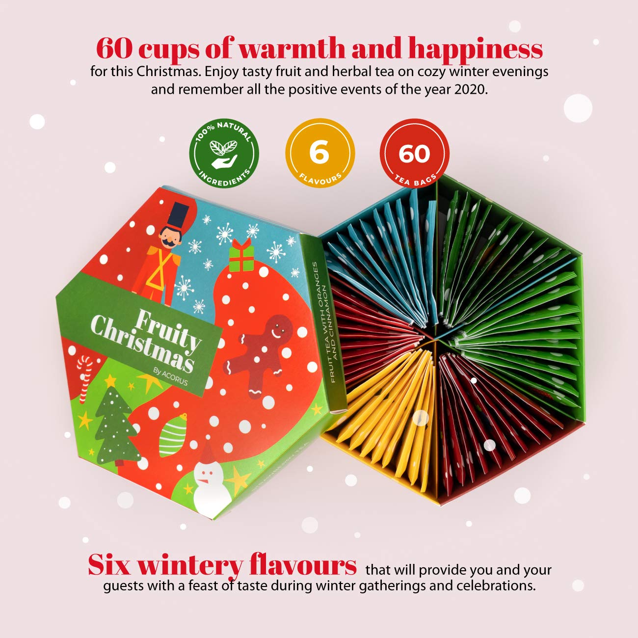 ACORUS Fruity Christmas Tea Set, Fruit Tea Gift Set, 60 Assorted Tea Bags Variety Pack, Fruit Tea Sampler, Specialty Tea Bags Individually Wrapped, Tea Gifts for Women, Men, Tea Lovers