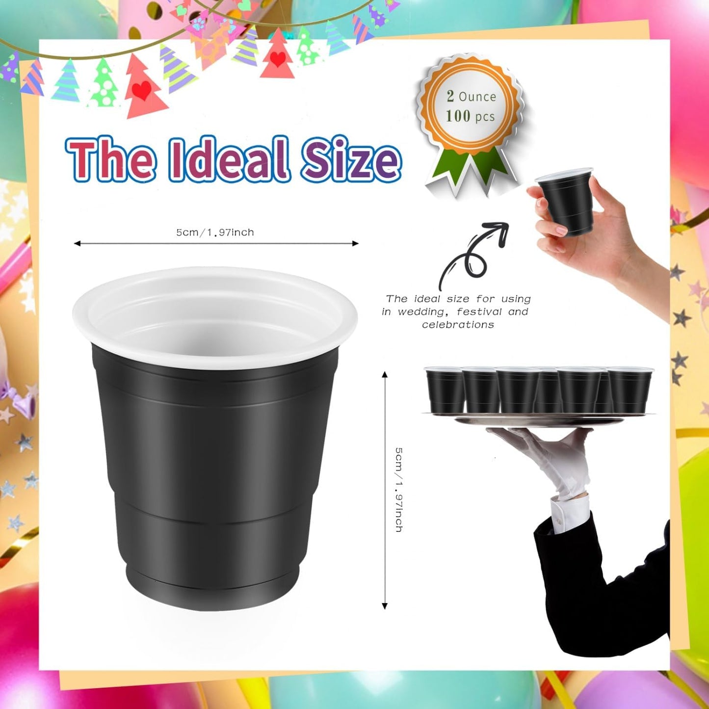100 Pack 2 oz Plastic Shot Cups Disposable, Mini Disposable Shot Glasses Jello Shot Cups, 2 oz Party Cups for Wedding, Party Favor, Beer Taste Serving, Snacks, Tastings (Black)