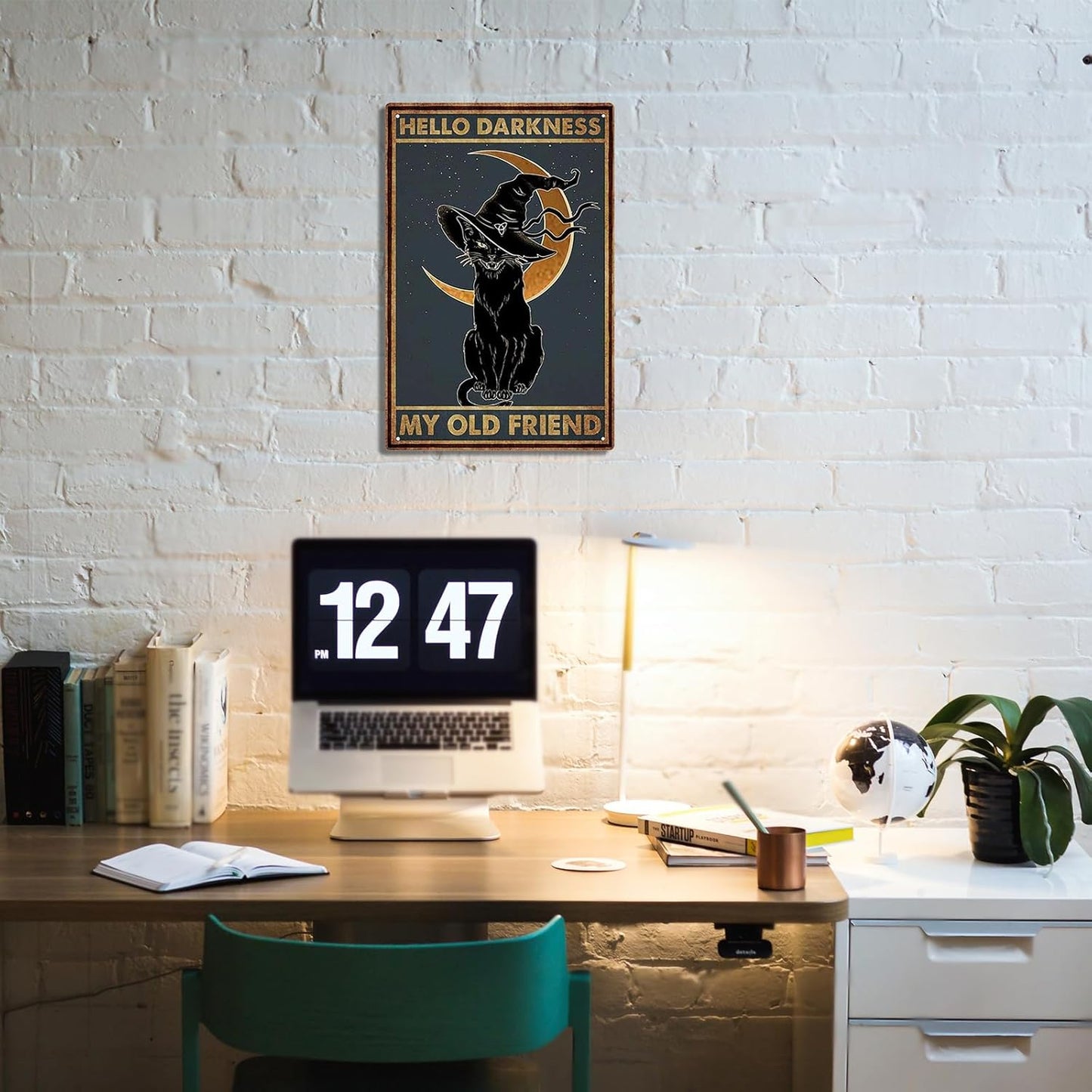 Black Cat Witch Halloween Hello Darkness My Old Friend Retro Tin Signs Vintage Wall Decoration Home Bar Kitchen Hotel Dining Room Coffee Metal Poster 8x12 Inch
