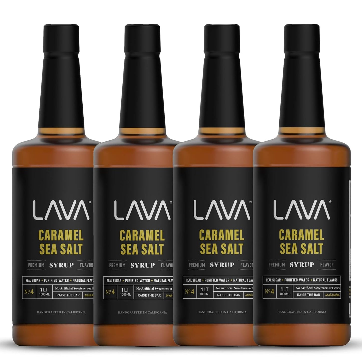 (4-Pack) LAVA Premium Salted Caramel Sea Salt Syrup, Salted Caramel Coffee Sweetener, 33.8oz (1-Liter), Made with 100% Sugar, No Artificial Sweeteners, Flavors, or Colors