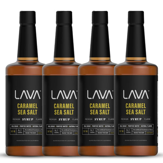 (4-Pack) LAVA Premium Salted Caramel Sea Salt Syrup, Salted Caramel Coffee Sweetener, 33.8oz (1-Liter), Made with 100% Sugar, No Artificial Sweeteners, Flavors, or Colors