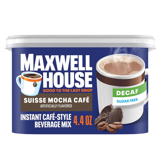 Maxwell House Instant Cafe-Style Beverage Mix, Decaf and Sugar Free, Easy to Prepare, 1 Canister, for Quick Morning Coffee or Afternoon Treat, Suisse Mocha Cafe, Kosher Dairy, 4.4 oz