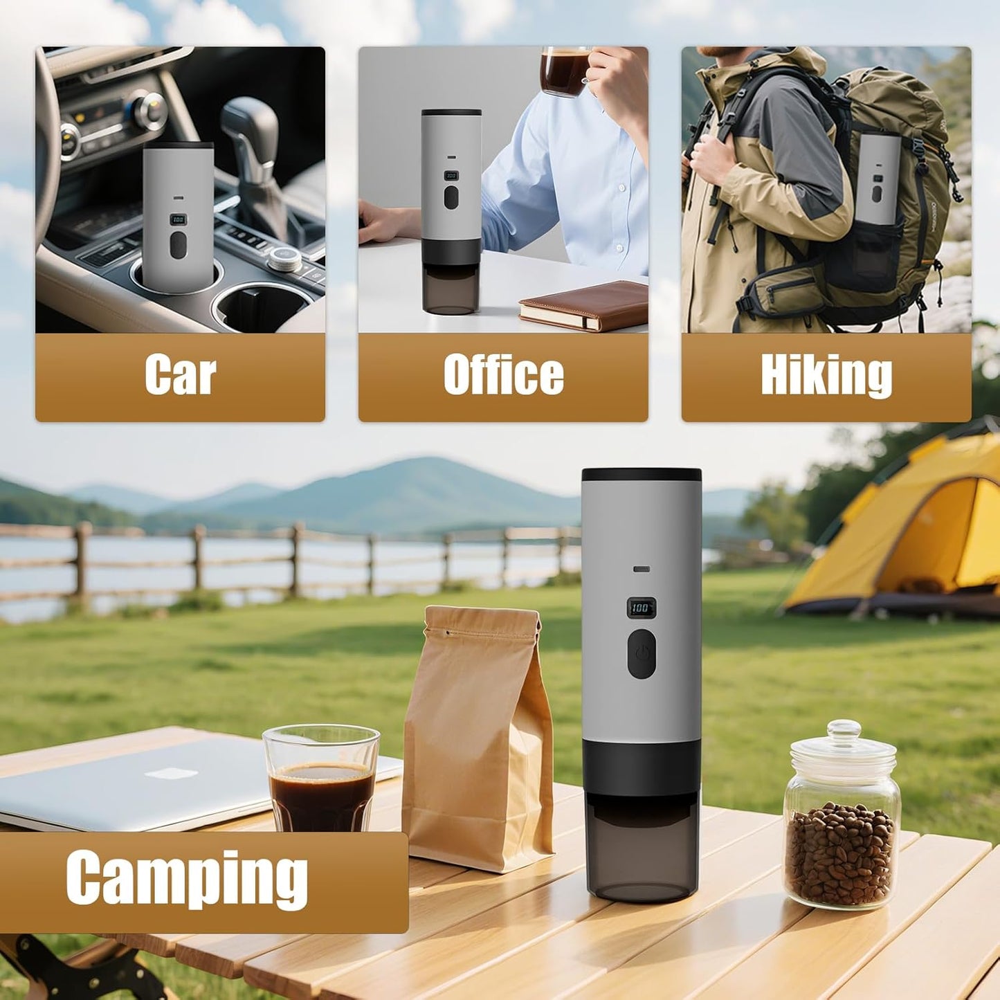 Portable Coffee Maker Espresso Machine with 7800mAh Battery & Digital Display, Self-Heating Travel Coffee Maker for Camping, Car, USB-C Compatible with Ground Coffee & NS Capsules RV Hiking Office