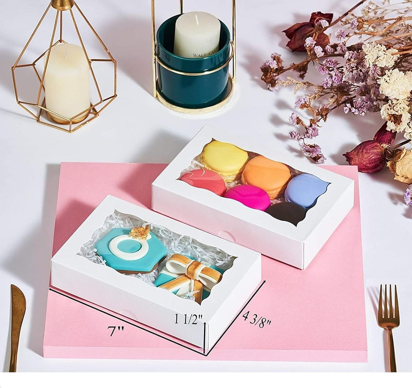 White Rectangular 7"X4.3"X1.5" Dishwasher Safe Clear Window Pastry Boxes - 100 Count for Cookies, Macarons, Donuts, Cakes