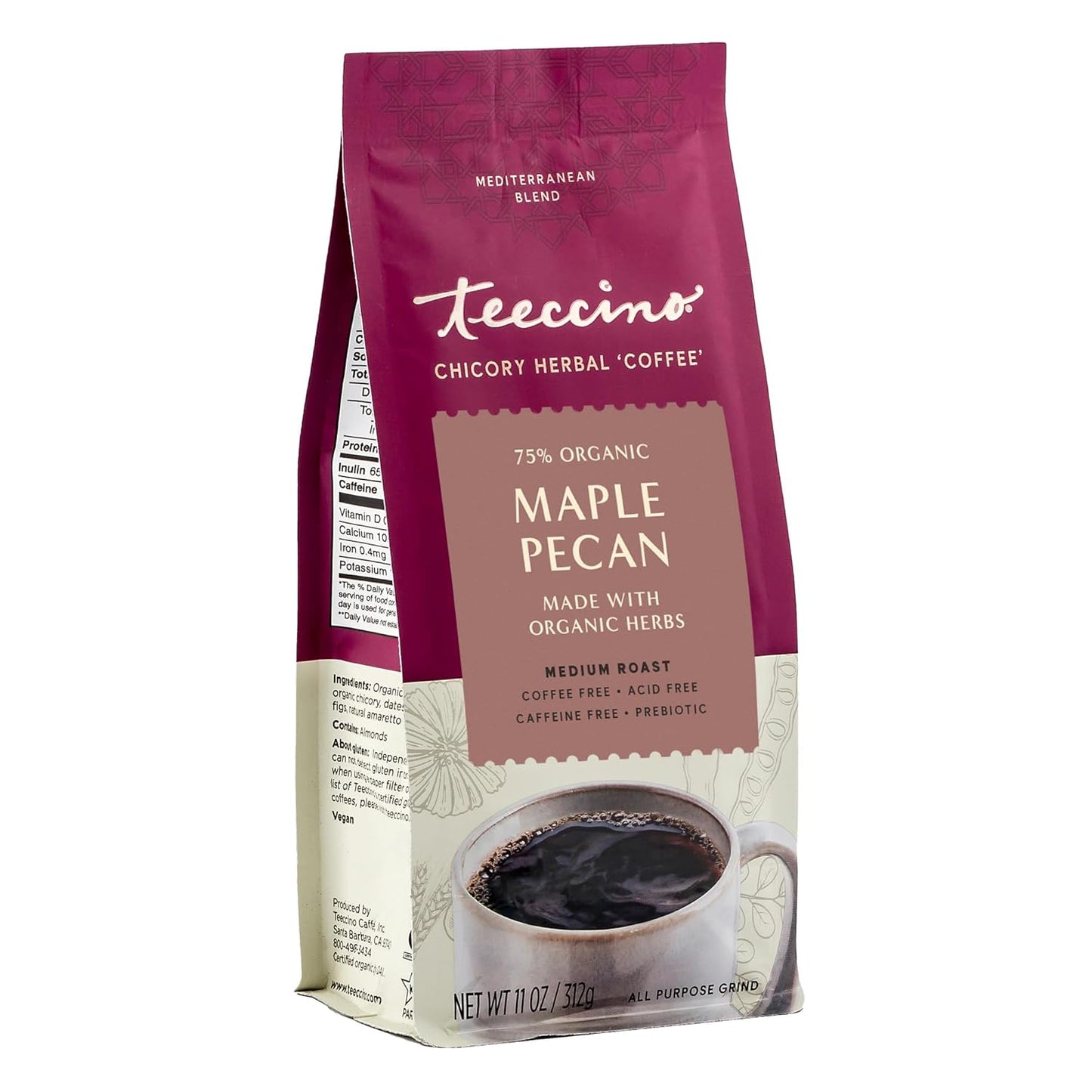 Teeccino Maple Pecan Chicory Coffee Alternative - Ground Herbal Coffee That’s Prebiotic, Caffeine Free & Acid Free, Medium Roast, 11 Ounce