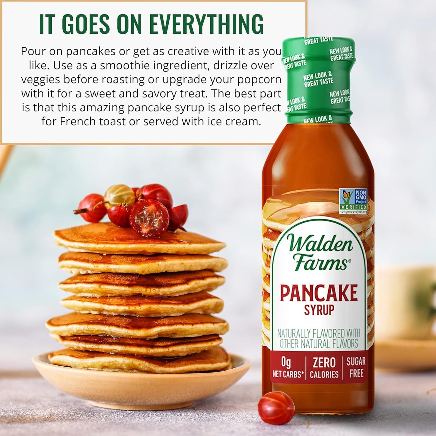 Walden Farms Pancake Syrup – Perfect for Pancakes, Waffles, Desserts – Zero Calorie, Sugar-Free, Low Carb, Keto-Friendly, Gluten-Free, Vegan – 12 oz Bottle