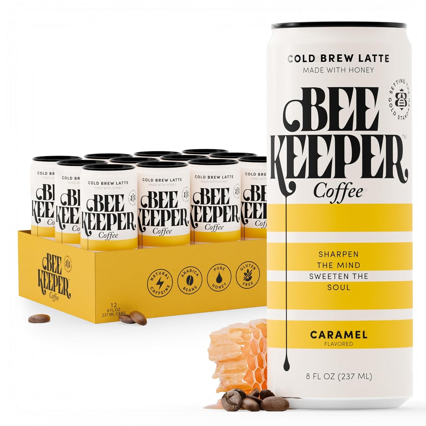 Beekeeper Coffee Cold Brew Caramel Latte with Oregon Honey, 8 fl oz cans (Pack of 12), Ready-to-Drink, 125mg Natural Caffeine