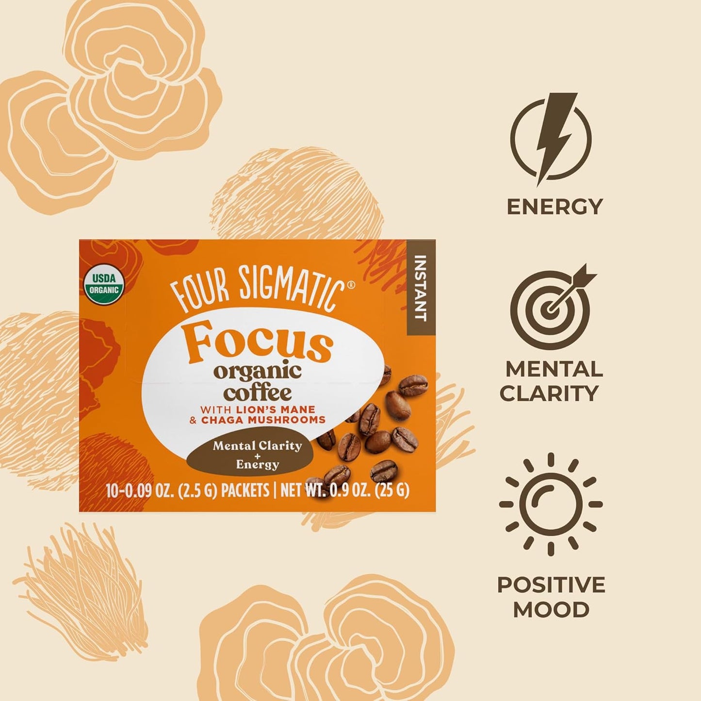 Four Sigmatic Focus Organic Mushroom Coffee | Instant Mushroom Coffee Mix with Lion's Mane, Chaga and Rhodiola for Better Focus and Immune Support | 10 Packets