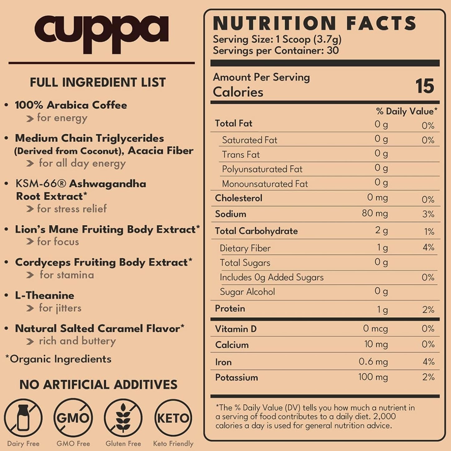 Cuppa Salted Caramel Healthy Mushroom Insant Coffee with Lion's Mane & Ashwagandha for All Day Energy & Focus - No Crash or Jitters - Nootropics for Brain Health, Gut Health, Immunity, Stress, Memory + Mood - 60 Servings