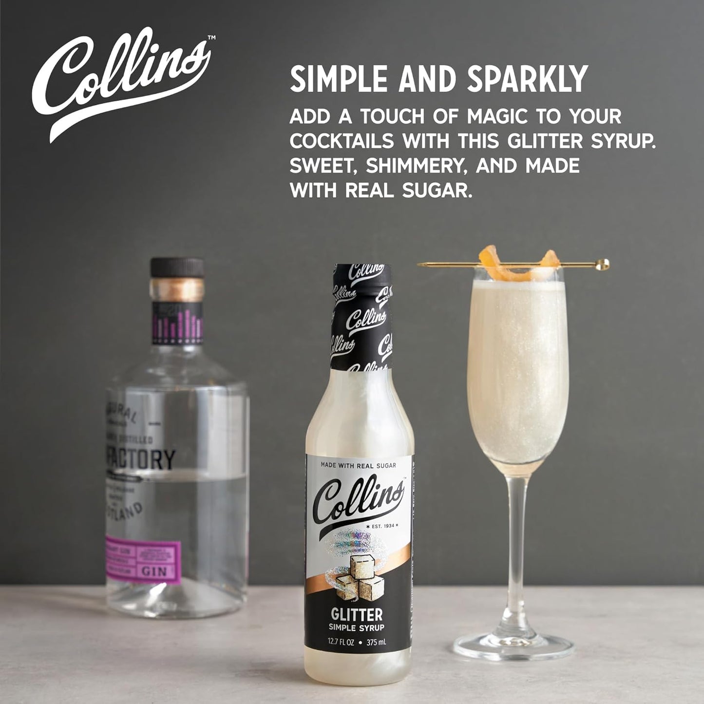 Collins Glitter Simple Syrup, Sparkle Cocktail Mixer with Edible Shimmer, Made with Real Sugar, No High-Fructose Corn Syrup, Ideal for Festive Cocktails and Mocktails, Party Essentials, 12.7 oz