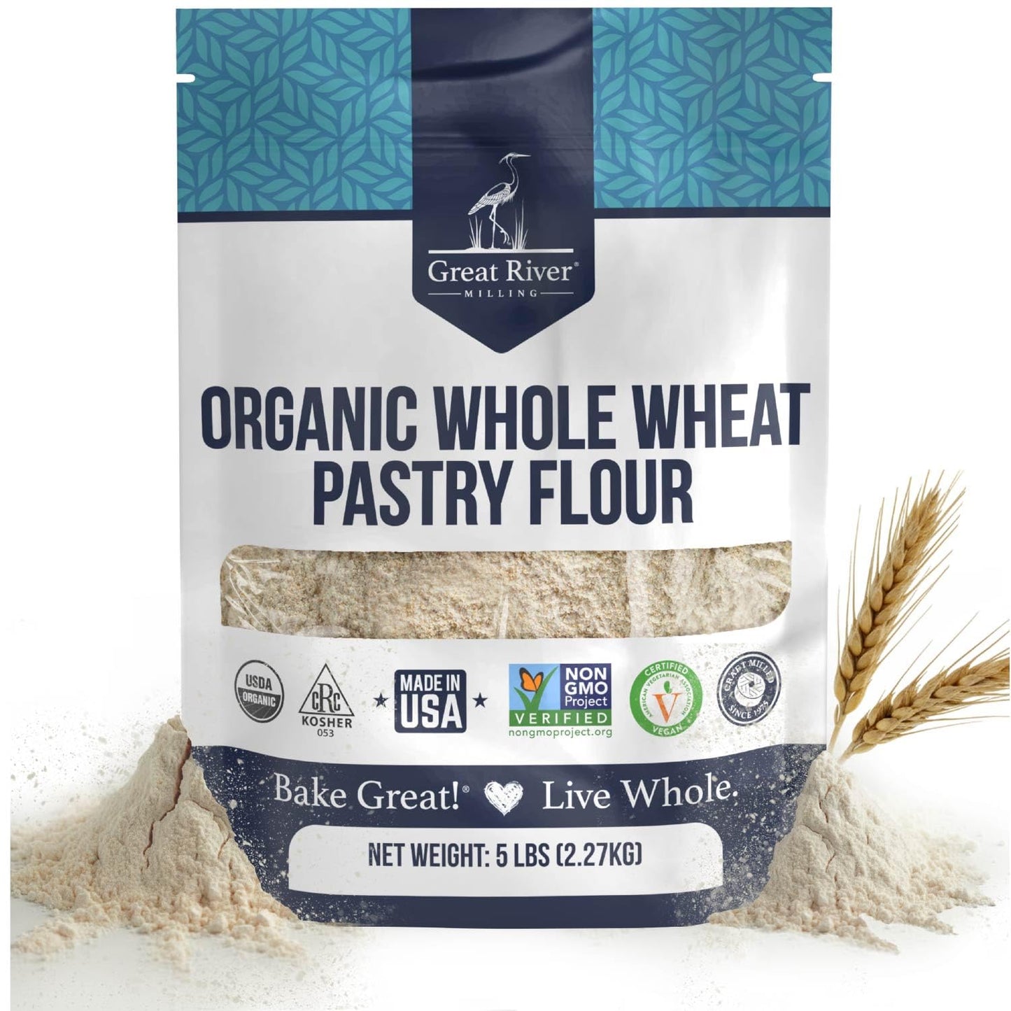 Great River Milling Organic Whole Wheat Pastry Flour | Soft Texture, Lower Gluten | USDA Organic, Non-GMO, Kosher | Ideal for Muffins, Cookies, Cakes & More | 5 Lb